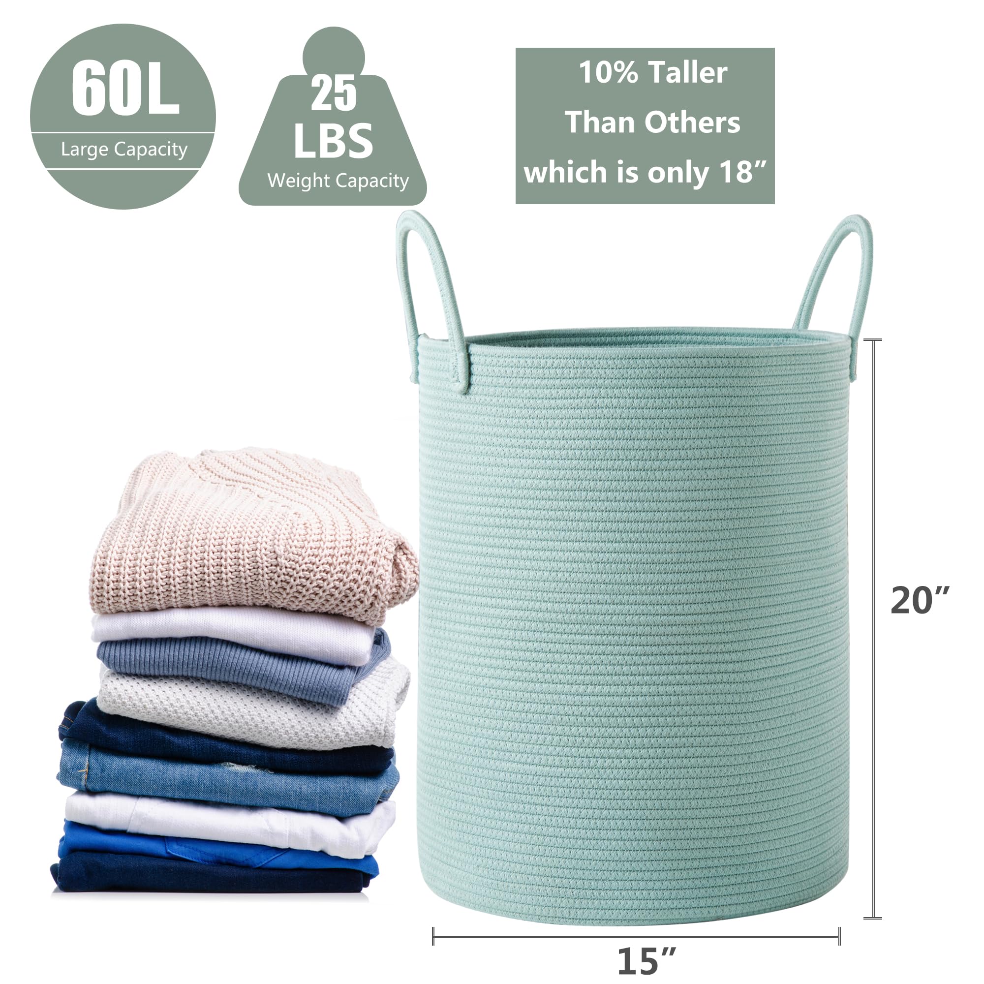 Mojoscend Cotton Rope Laundry Hamper Basket, 15Dx20H Inches Tall Woven Laundry Basket, Large Clothes Hamper For Bedroom