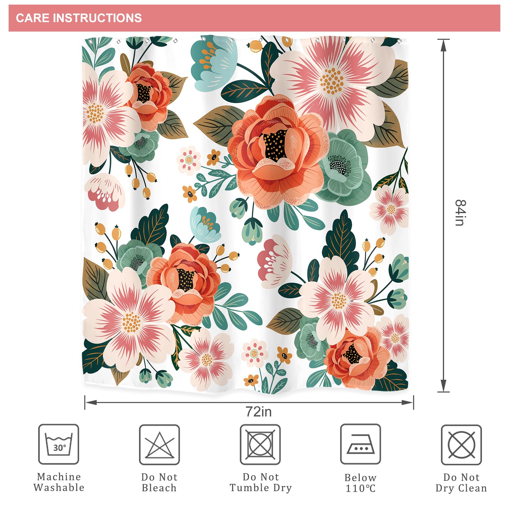 Riyidecor Extra Long Floral 72Wx78H Inch Shower Curtain Set Flower Spring Season Green Leaves Orange Women Bathroom Decor Fabric Panel Polyester Waterproof with 12 Pack Plastic Shower Hooks WW-YHX9