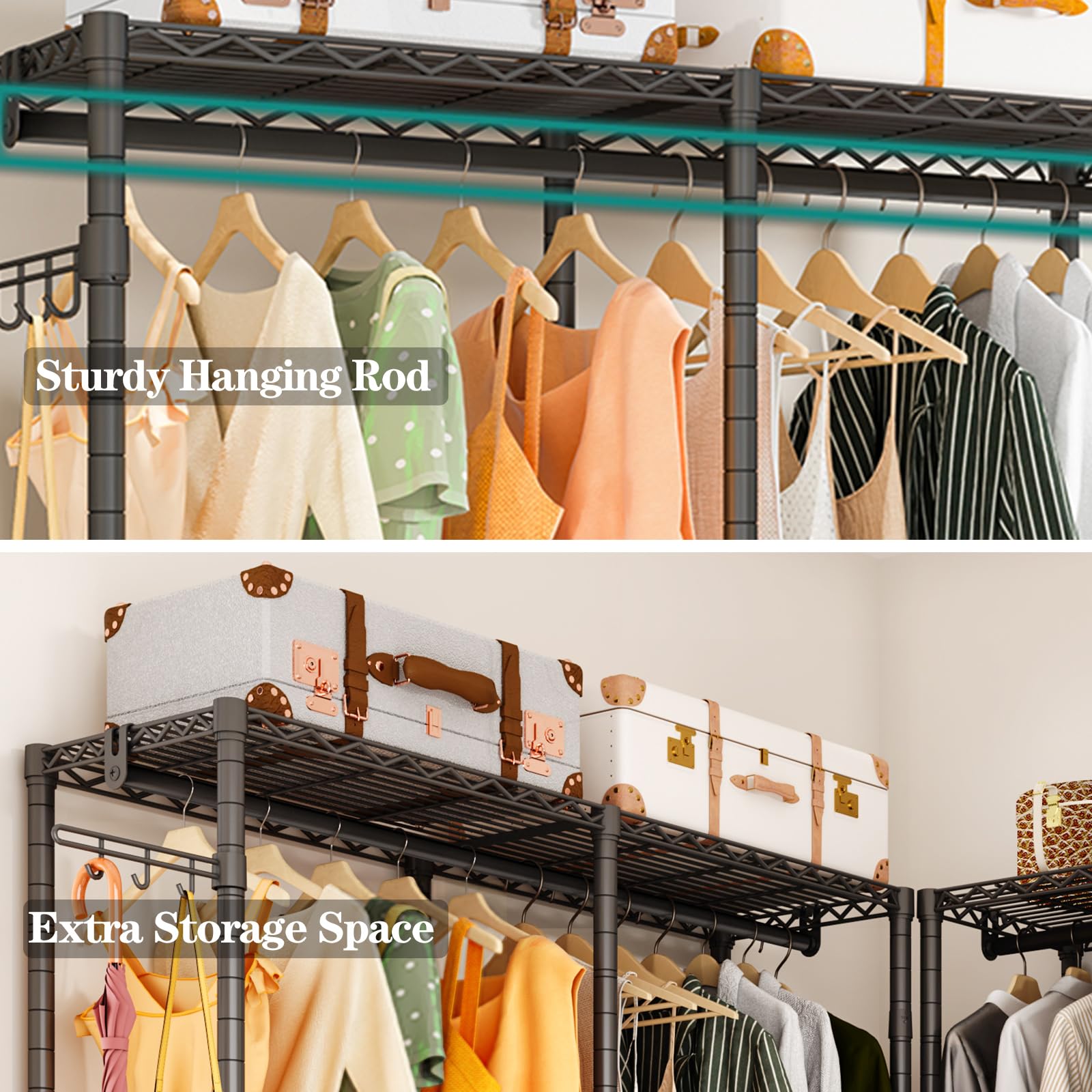 Exglobol Rolling Clothes Rack, Heavy Duty Garment Rack For Hanging Clothes, Wire Adjustable Rolling Clothing Rack With Lockable