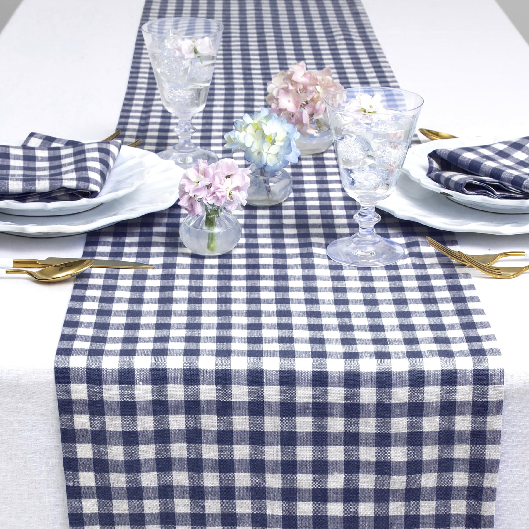 Solino Home Check Linen Table Runner 90 Inches Long - 100% Pure Linen Navy Plaid Table Runner 14 X 90 Inch Ideal For Wedding, Sp