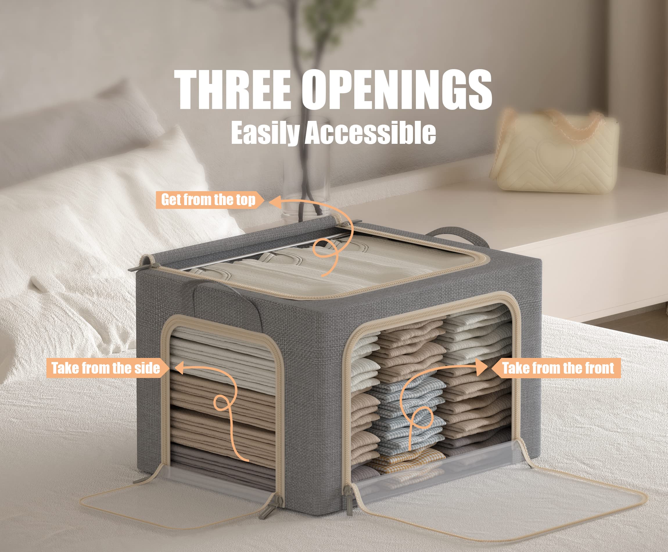 3 Opeings Large Clothes Storage Bins with Metal Frame, Foldable Storage Bin for Clothes, Clothing Storage Bins with Lid, Linen S