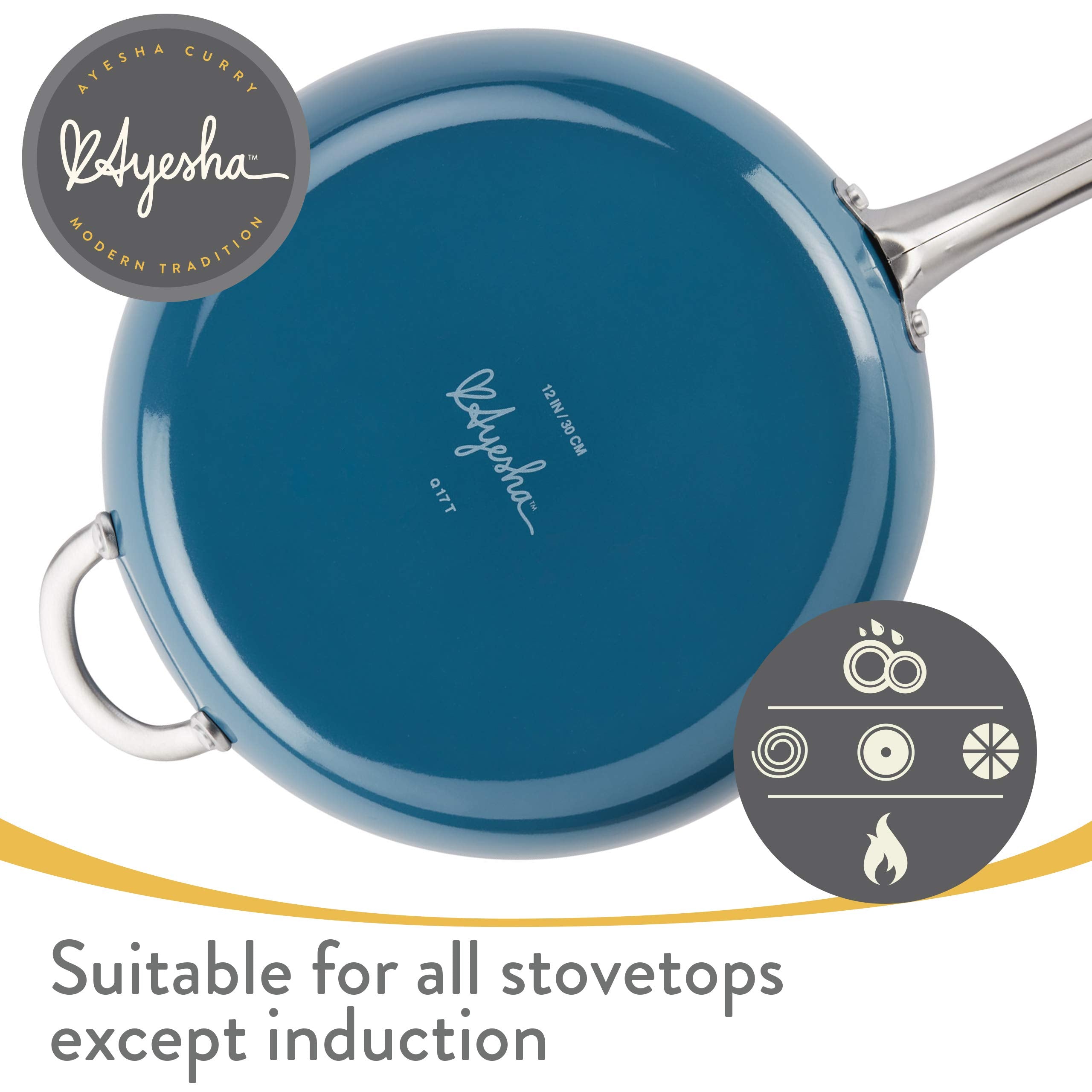 Ayesha Curry Nonstick Deep Skillet, 12 Inch Porcelain Enamel Frying Pan, Brown Sugar, Model 10764, Glass Lid, Helper Handle