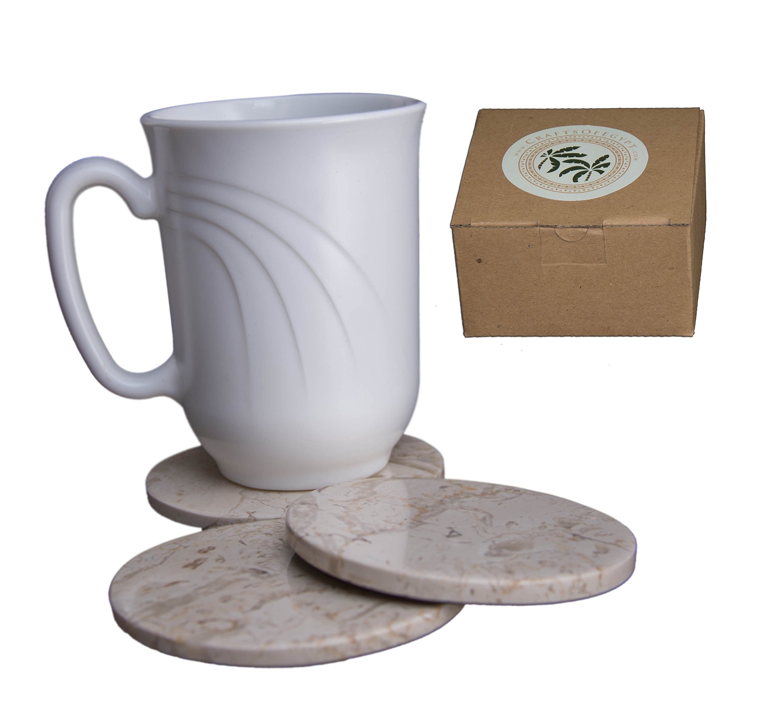 Set Of 6 - Beige Marble Stone Coasters Polished Coasters - 3.5 Inches (9 Cm) In Diameter - Protection From Drink Rings -Craftsof