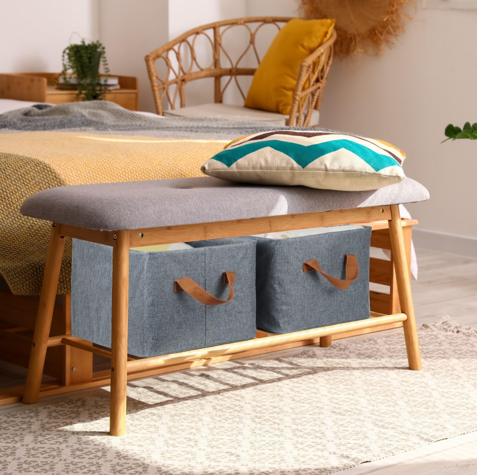 4 Pcs Linen Storage Baskets With Metal Frame, Shelf Organizer Bins, Fabric Baskets Foldable Storage Bin, Closet Organizers And S