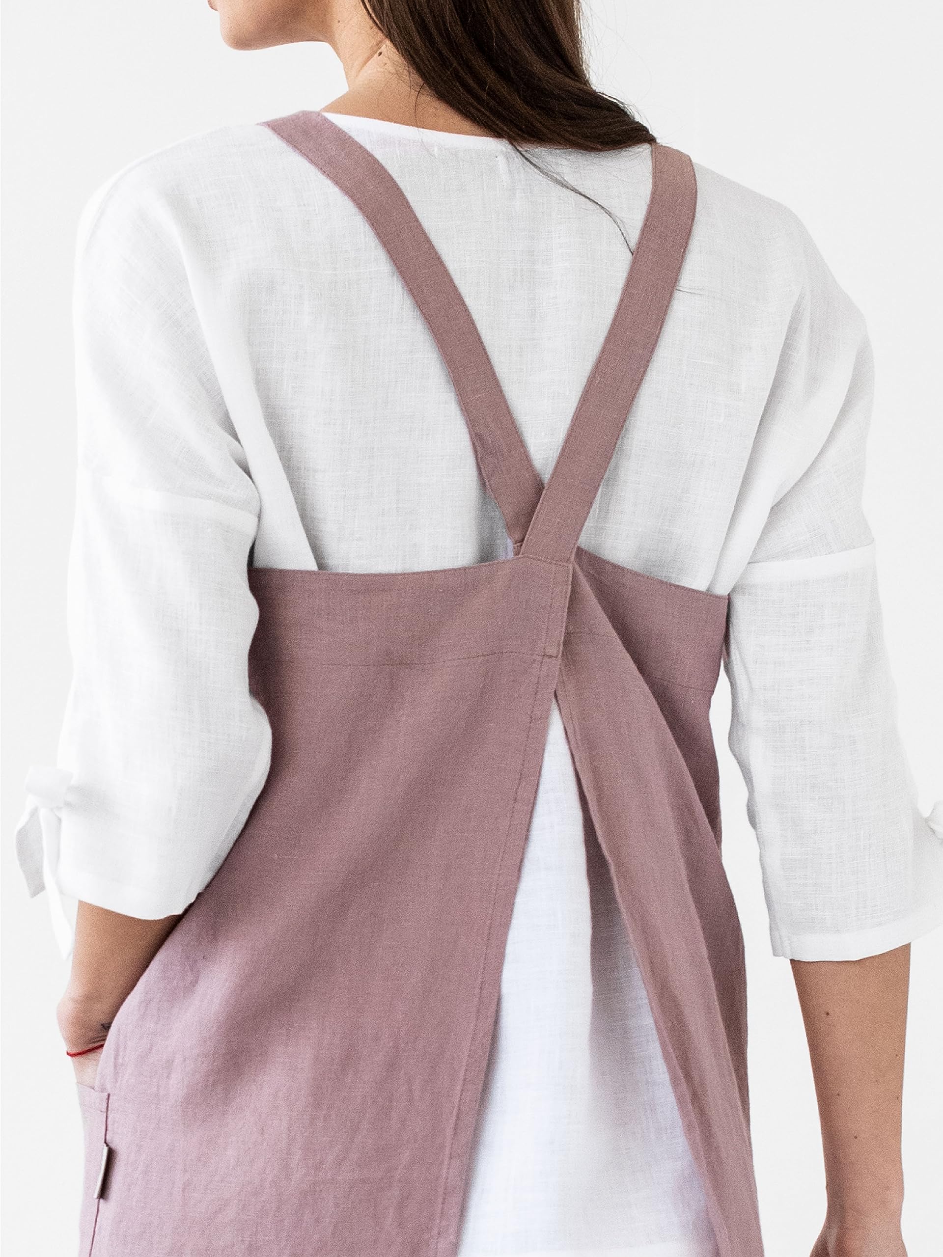 Magiclinen 100% Linen Apron - Japanese Cross Back Apron With Pockets For Women And Men - Pinafore Style, Pink, Xxl