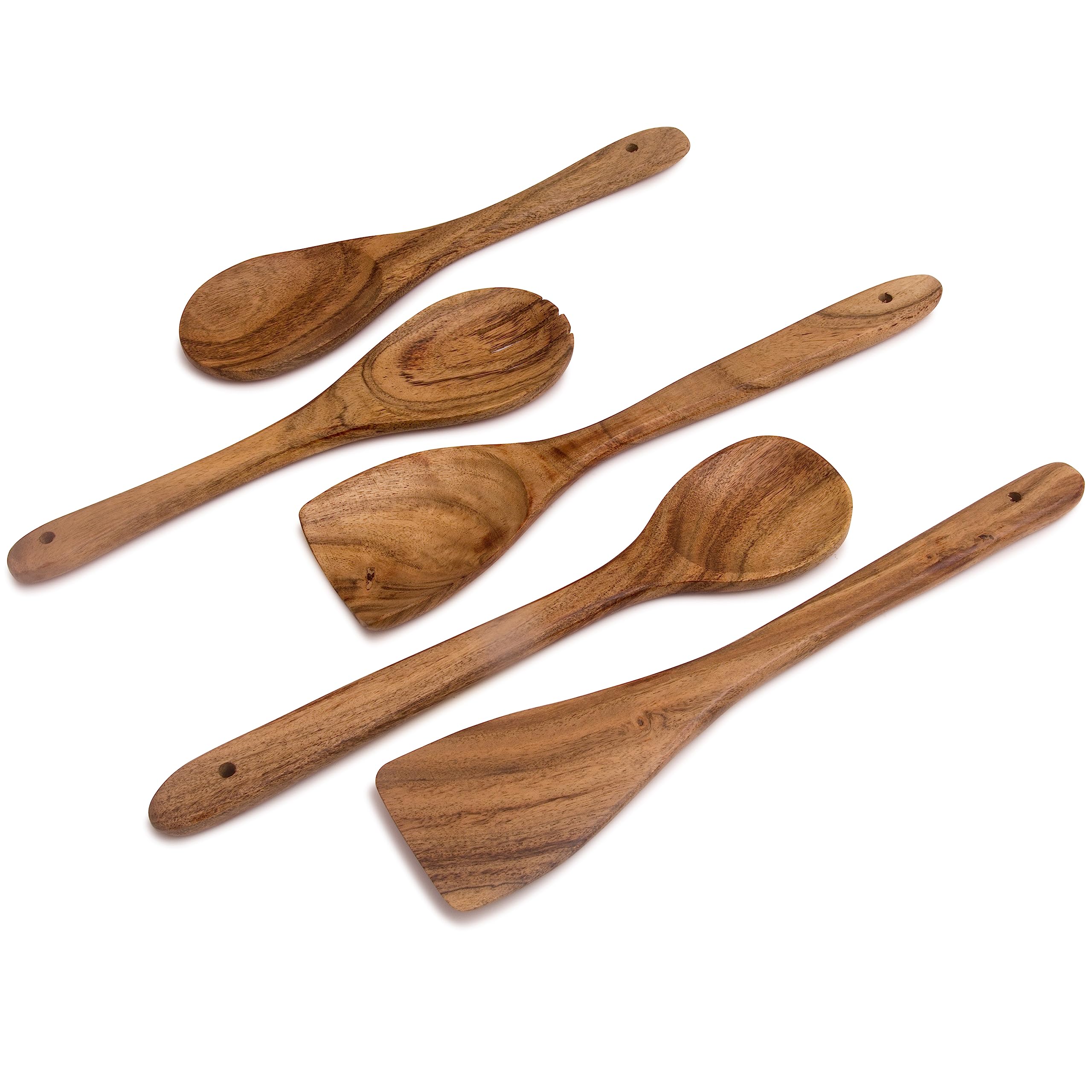 5 Piece Non-Stick Acacia Wooden Cutlery Spoon Set For Cooking, Wood Kitchen Utensils Salad Spoon Fork & Turner, Ladle & Flat Spa