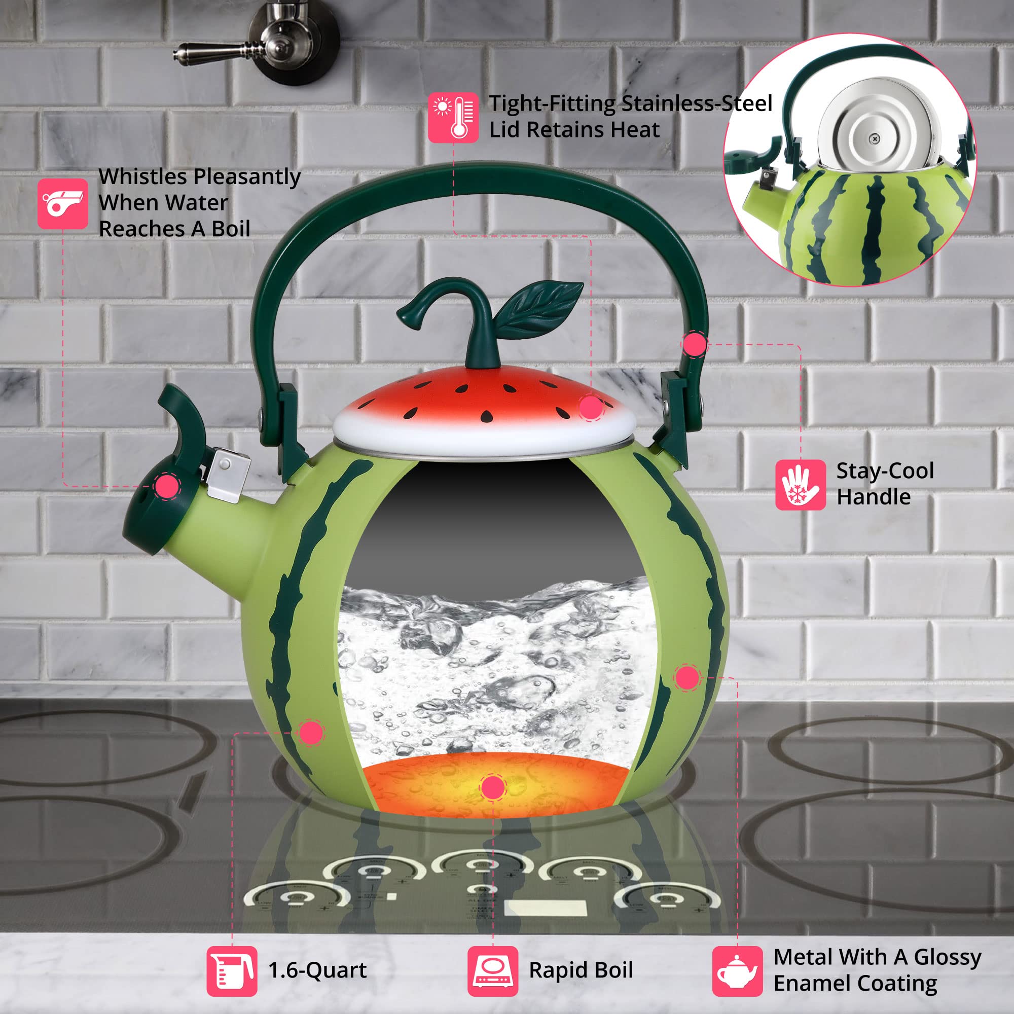 Upware Enamel On Steel Whistling Tea Kettle, Stovetop Teakettle (1.6 Quart, Watermelon)