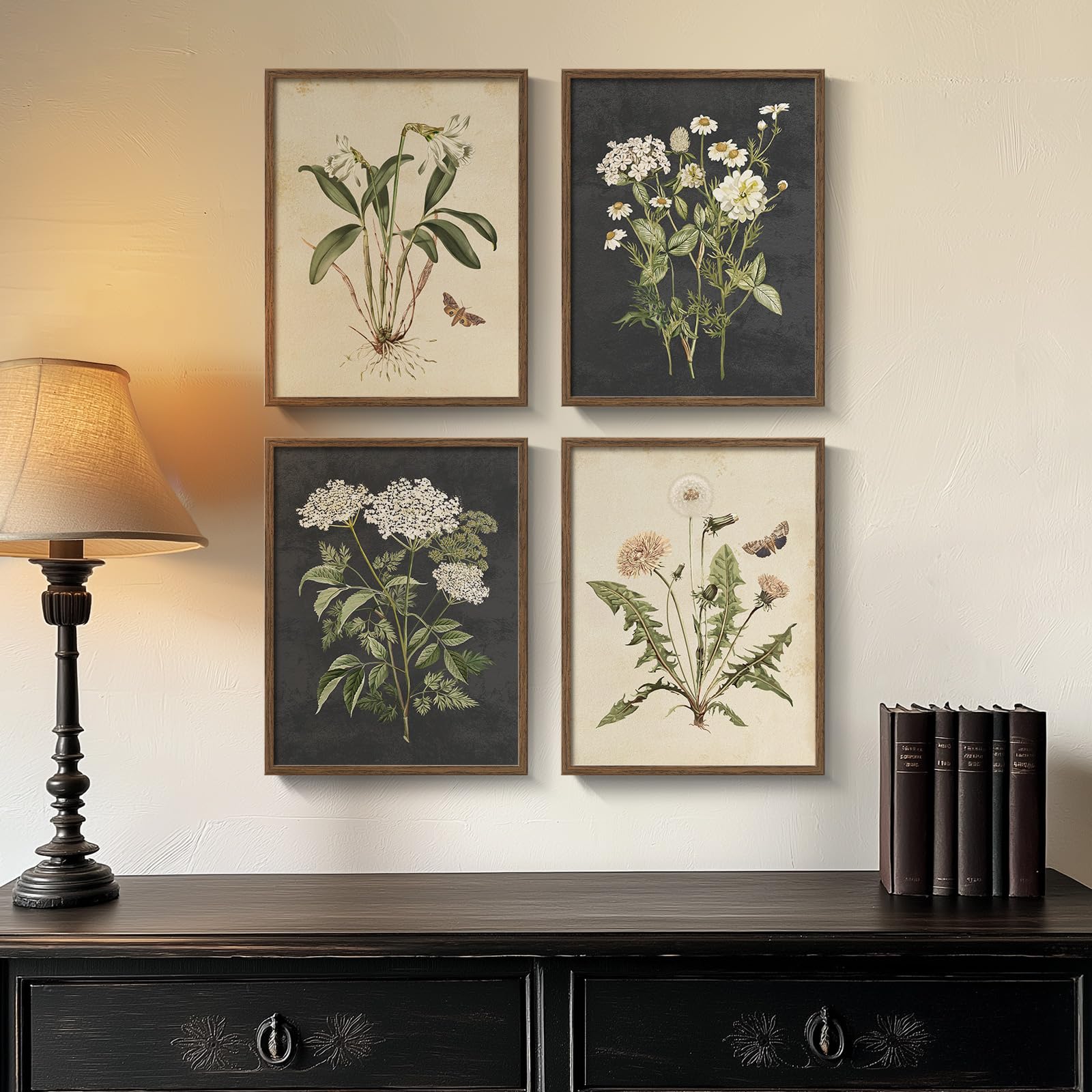 Framed Botanical Wall Art, Set Of 4 Piece Rustic Floral Canvas Paintings Prints Artwork For Walls, Vintage Minimalist Flower But