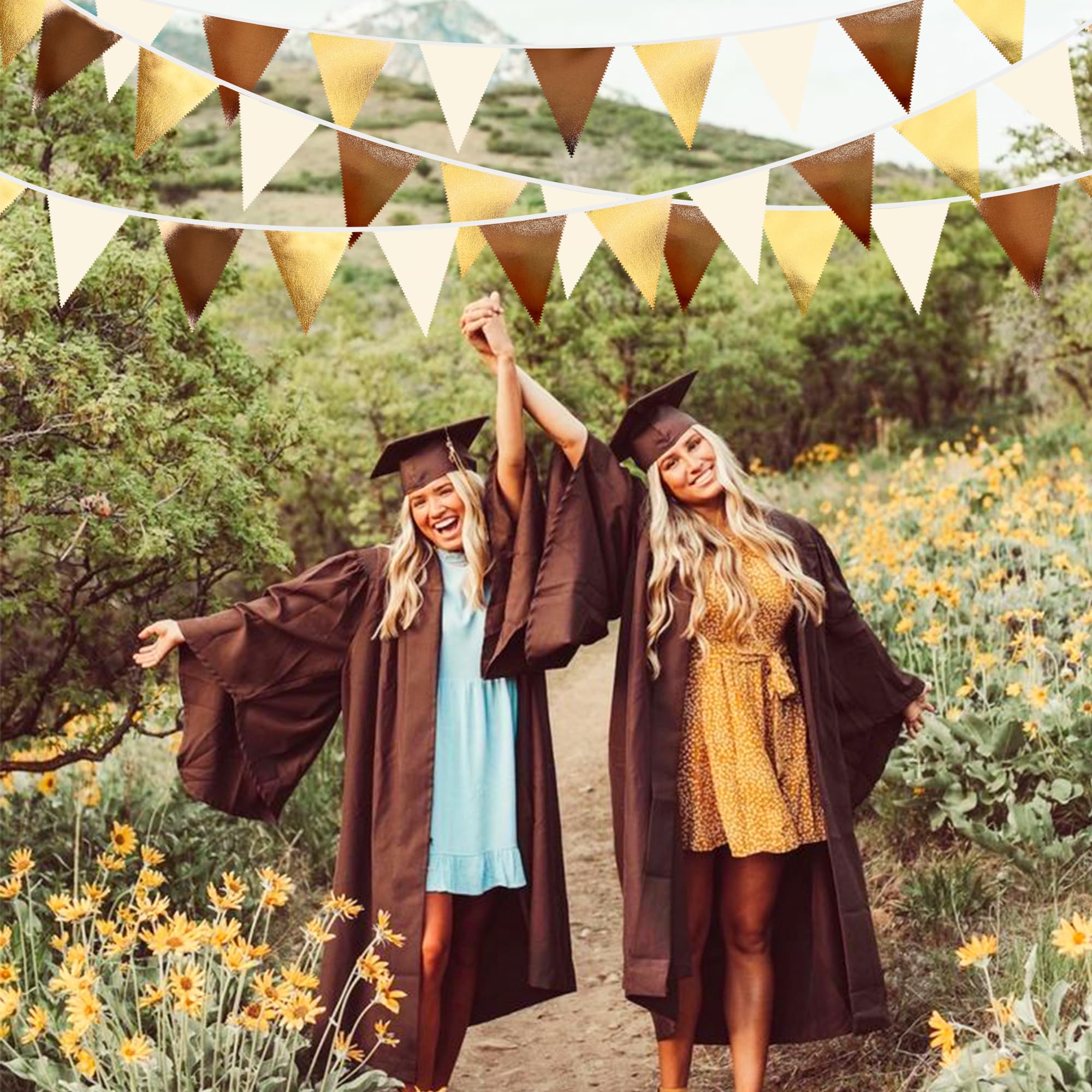 Brown Beige And Gold Party Decorations Fabric Triangle Pennant Banner Flag Bunting Garland For Boho Neutral Rustic Cowboy Wester
