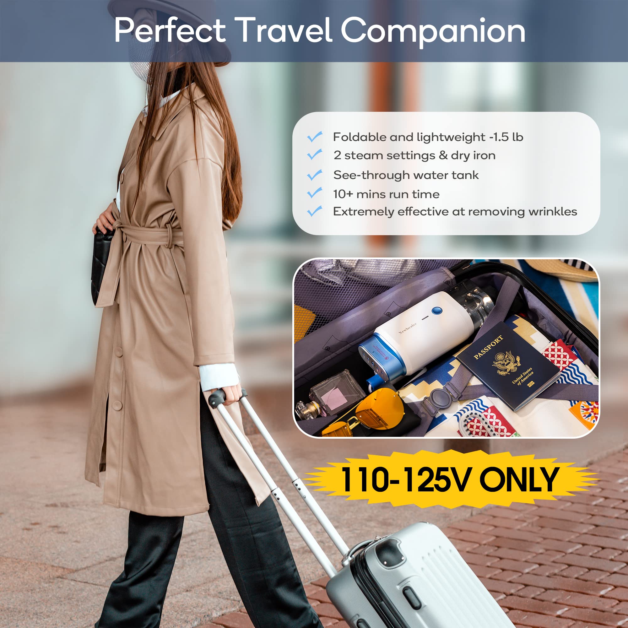 Newbealer Steamer For Clothes, 1200W Travel Steamer With Horizontal & Vertical Steaming, 2 Steam Levels, Dry Ironing, Foldable,