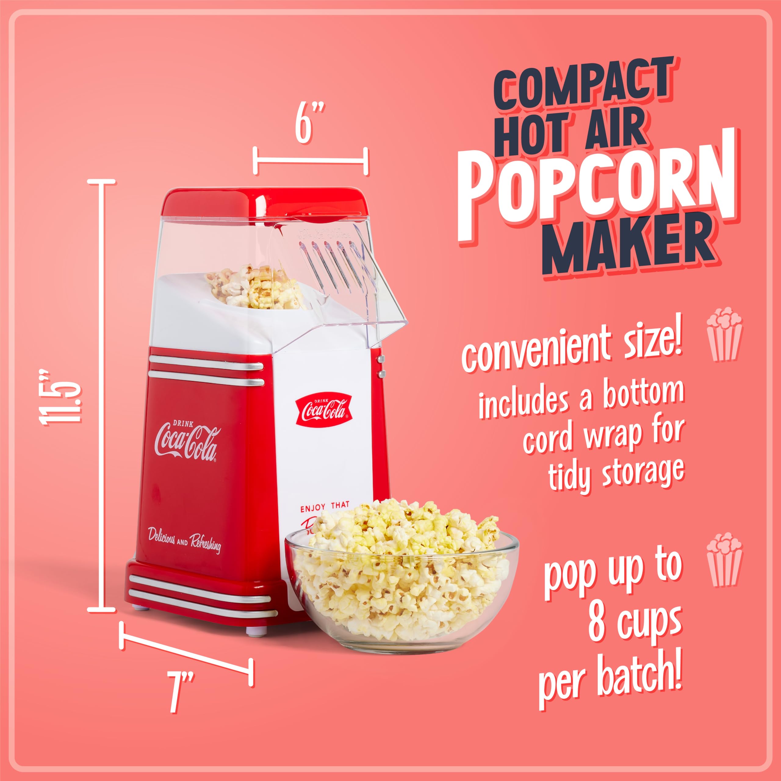 Nostalgia Electrics Coca-Cola Hot-Air Electric Popcorn Maker, 8 Cups, Healthy Oil Free Popcorn With Measuring Scoop, Coke Red &