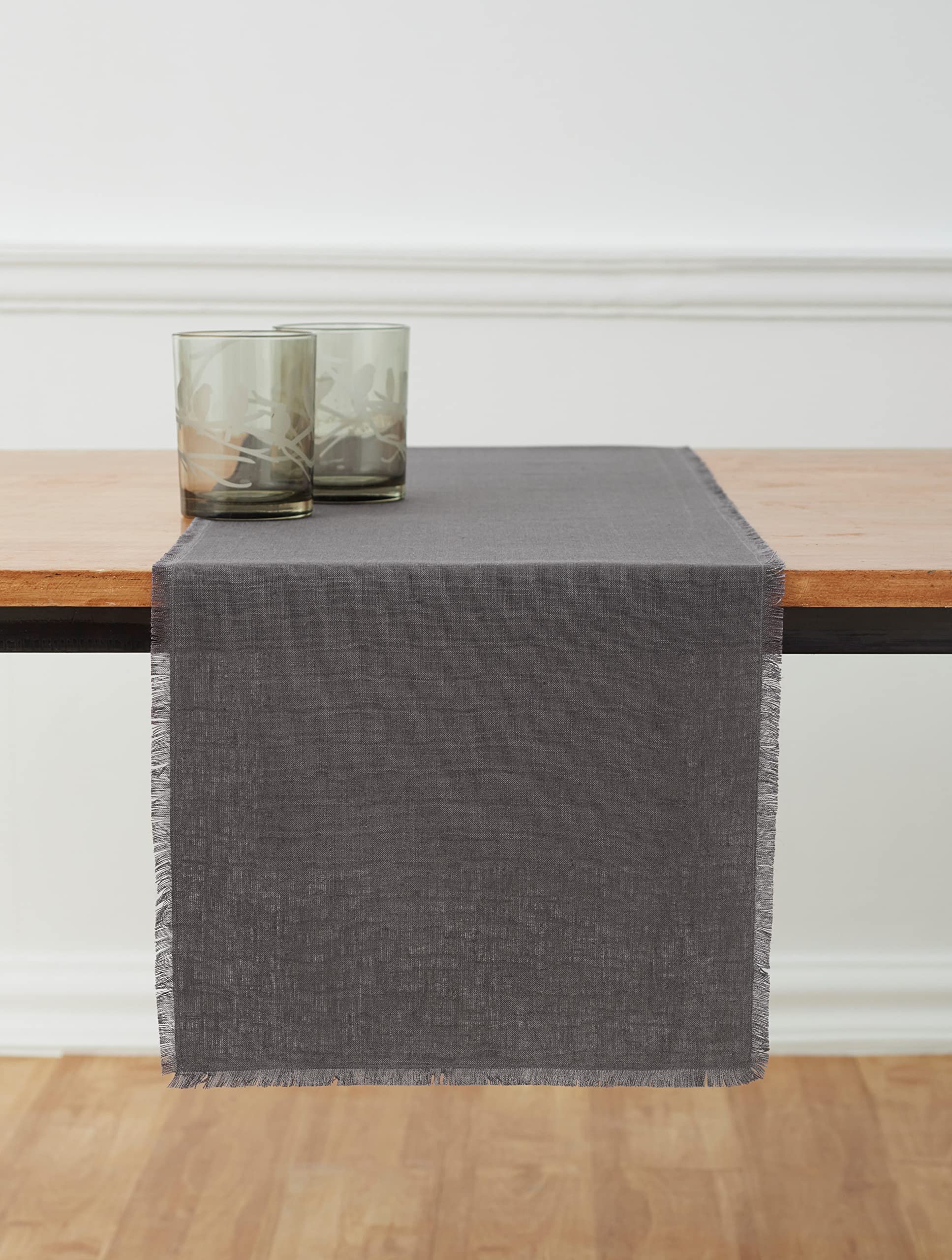 Solino Home Fringe Linen Table Runner 14 X 120 Inch - 100% Pure Linen Charcoal Table Runner For Spring, Summer, Dining, Wedding