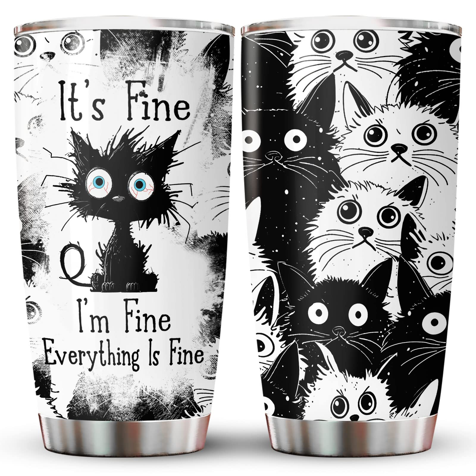 34Hd Gifts For Halloween, Crazy Cat Tumbler With Lid 20 Oz Stainless Steel, Black Cat Cup, It'S Fine I'M Fine Mug, Cat Gifts For