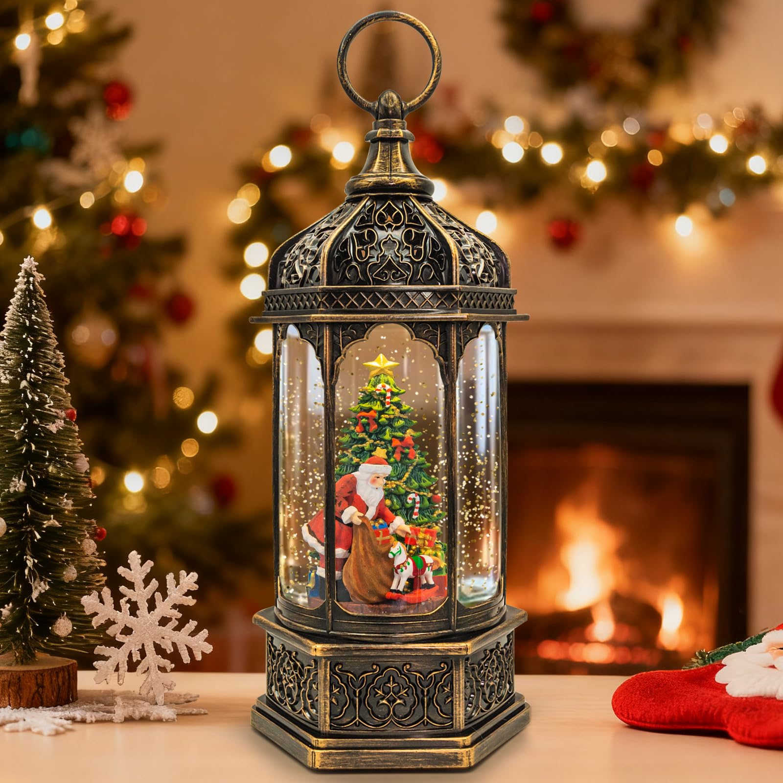 Christmas Snow Globes Lantern, Santa Claus & Gift Piles Christmas Decorations Indoor, 6H Timer Battery & USB Powered Light Up Mu