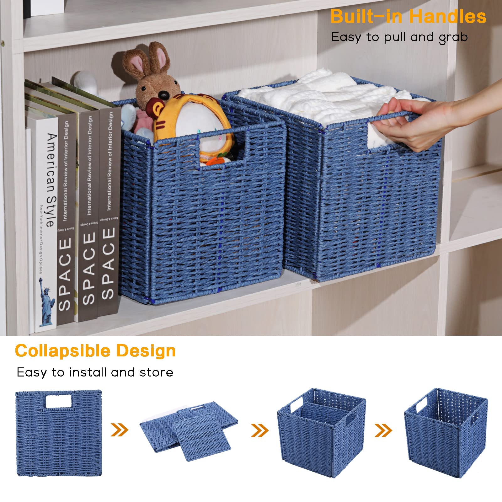 Vagusicc Wicker Storage Basket, Set Of 2 Handwoven Paper Rope Collapsible Woven Baskets, 9'' X 9'' X 9'' Cube Storage Bins With