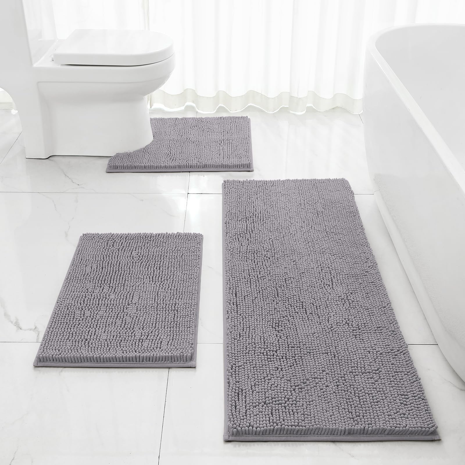 Homeideas 3 Pieces Bathroom Rugs, Extra Large Ultra Soft Non Slip Absorbent Chenille Toilet Bath Mat Set (Grey)