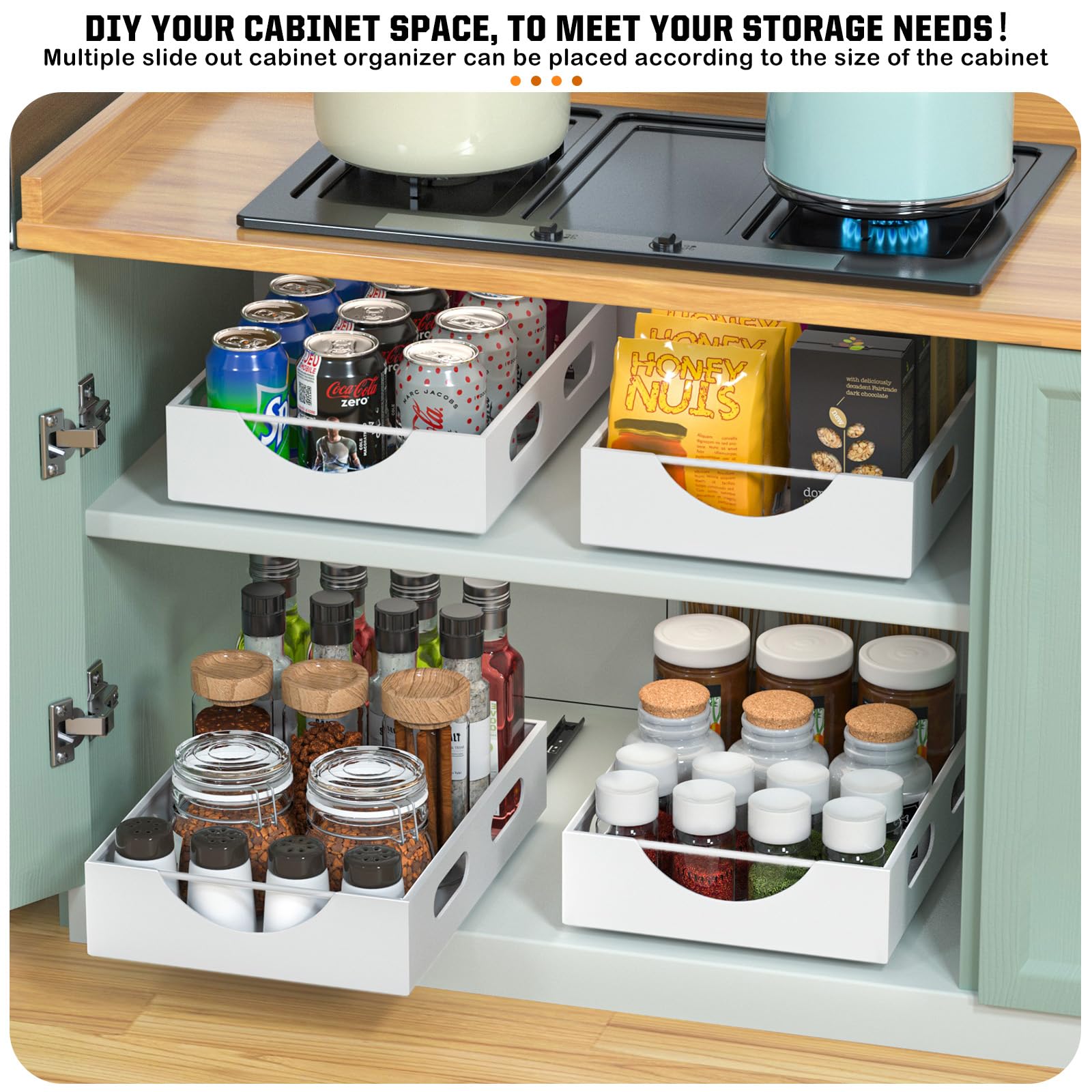Caktraie Pull Out Cabinet Organizer Fixed With Adhesive, Slide Out Drawer Storage Shelves - 10.8'' W X 15.15'' D Heavy Duty Pull