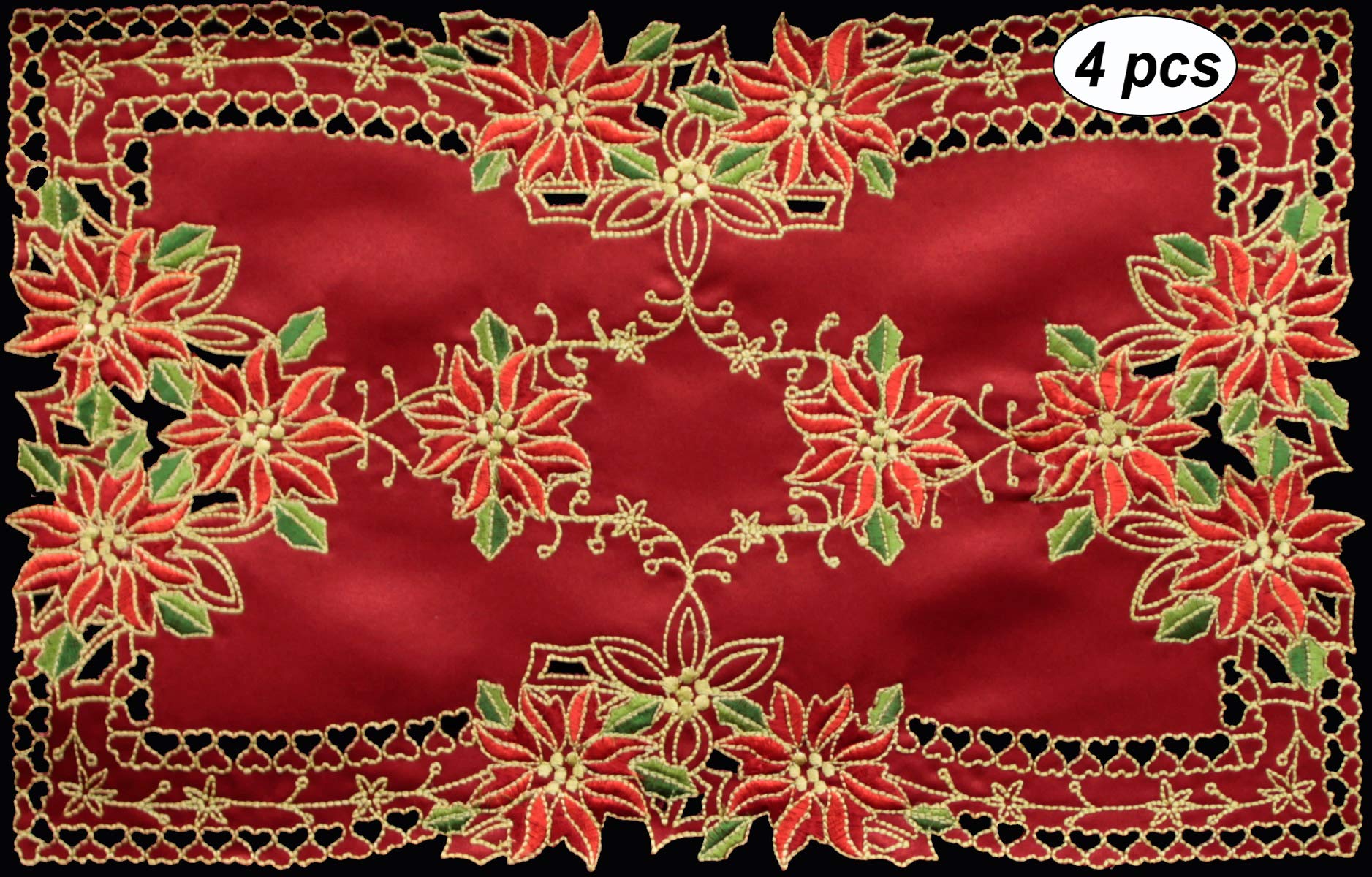 Creative Linens 4PCS Holiday Christmas Embroidered Poinsettia Placemats 11x17 Red Gold, Set of 4 Pieces