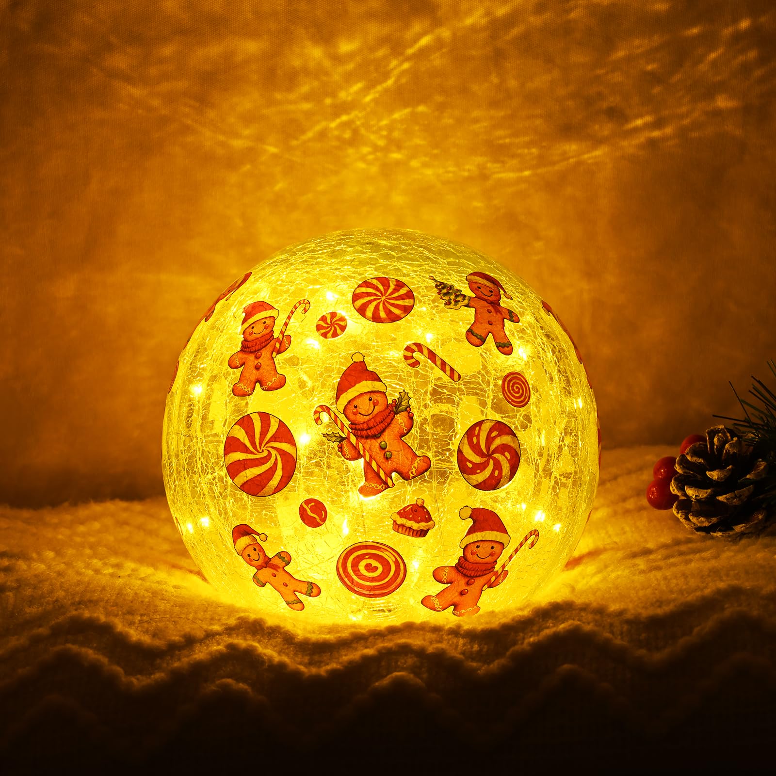 Yinhua Lighted Christmas Decorations Indoor, 5.9 Gingerbread Man Crackle Glass Balls, Light Up Christmas Globe Light with Timer,