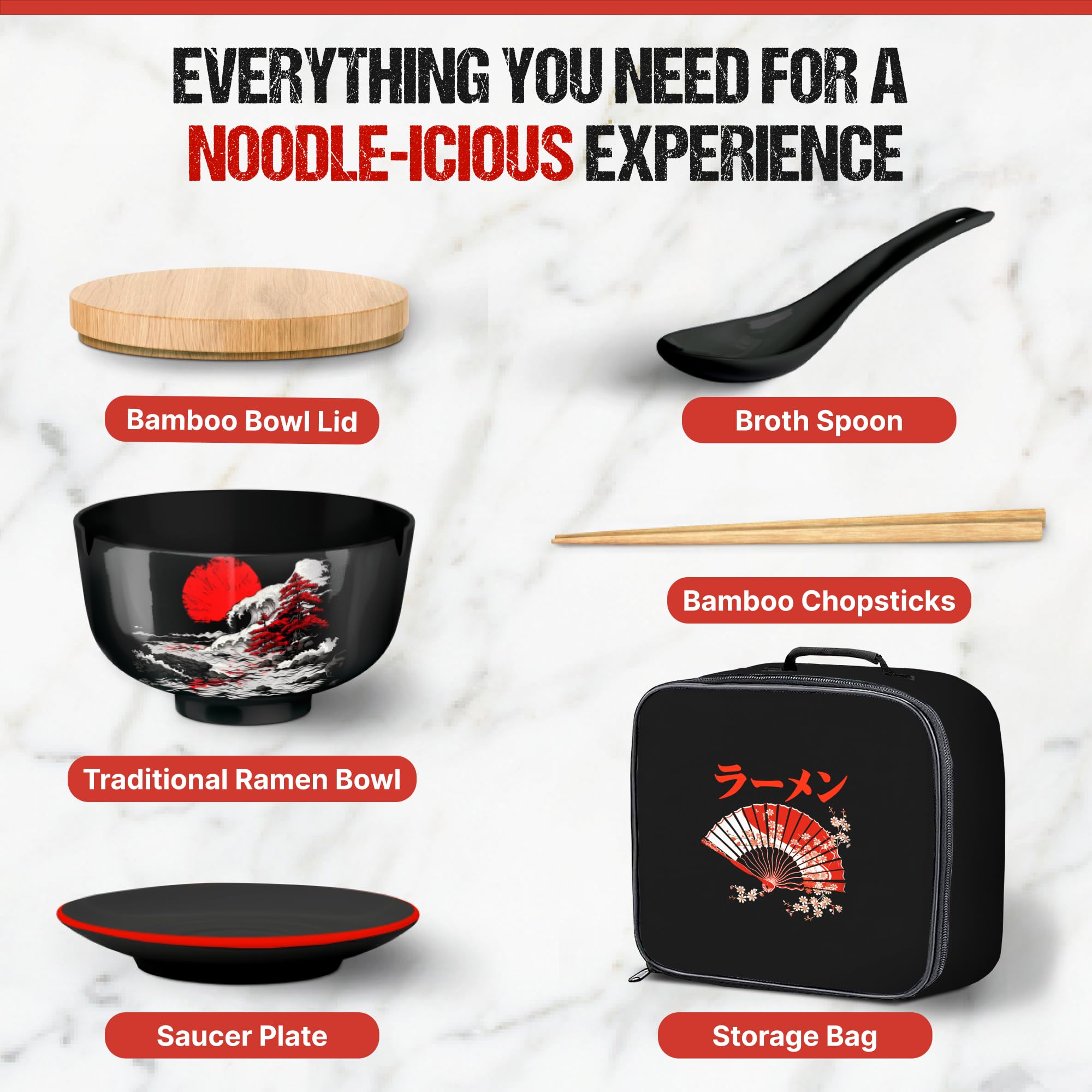 I2 Home Japanese Ramen Bowl Set Of 1-5 Pcs, 32 Oz Ceramic Microwaveable & Dishwasher Safe Large Noodle Bowl With Lid & Built-In