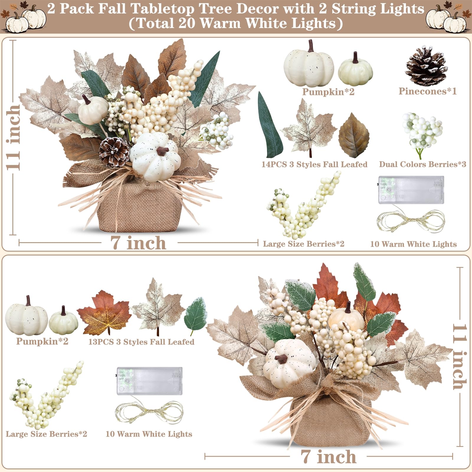 2 Styles & Timer Thanksgiving Table Decorations- 2 Pack 11 Inch Tabletop Maple Tree Thanksgiving Decor, Lighted Fall Tree with 2