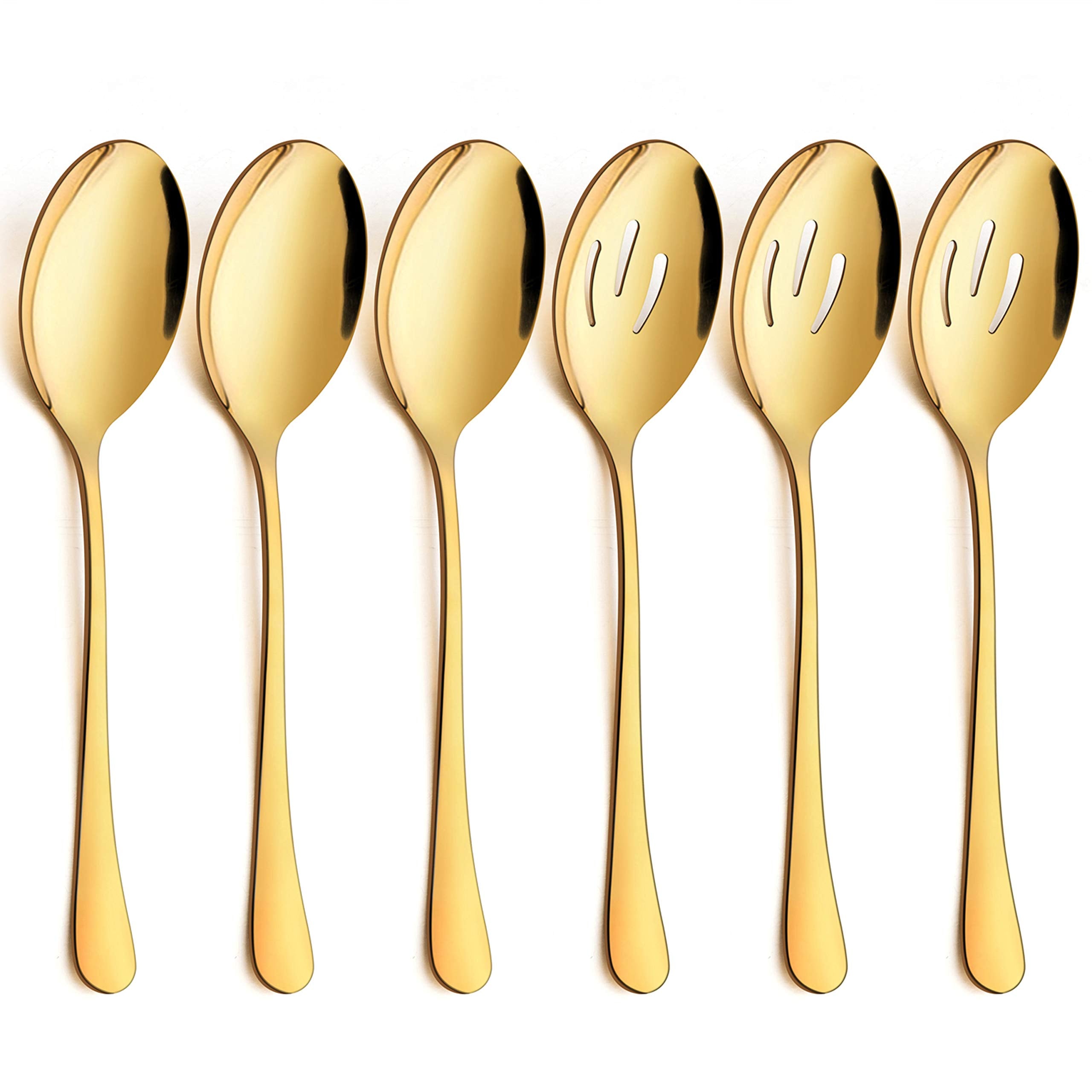 Lianyu 6 Pack Large Gold Serving Spoons Set, 3 Gold Serving Spoons, 3 Gold Slotted Serving Spoons, 9.8Inch Stainless Steel Servi