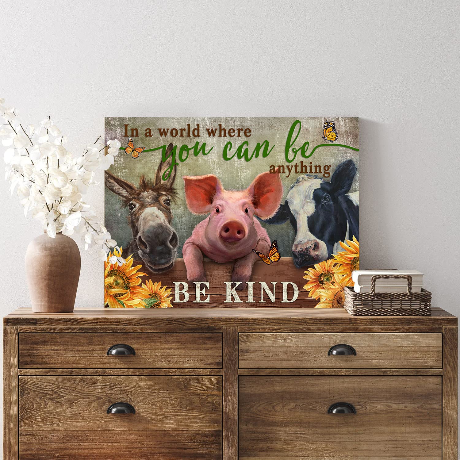 WOWGOOMO Rustic Farm Cow Pig Donkey Wall Art Be Kind Movitational Wall Art for Office Farmhouse Animal Picture Print on Canvas Painting Framed Artwork for Living Room Bedroom Kitchen Decor 12x16 inch