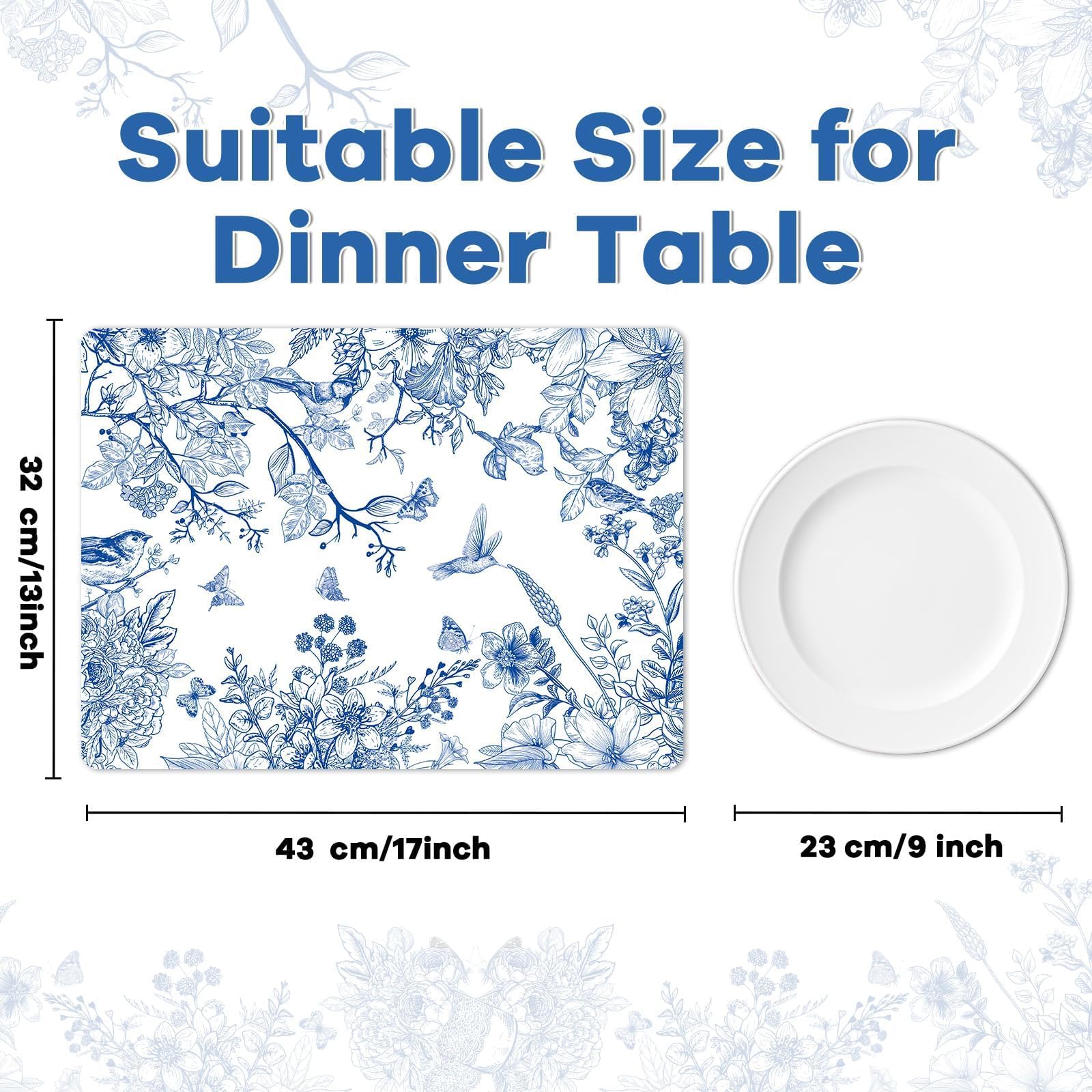 Obusatt Blue Floral Placemats Set Of 6 Flower Bird Plastic Table Mats Seasonal Spring Placemats Chinoiserie Table Mats Rustic Vi