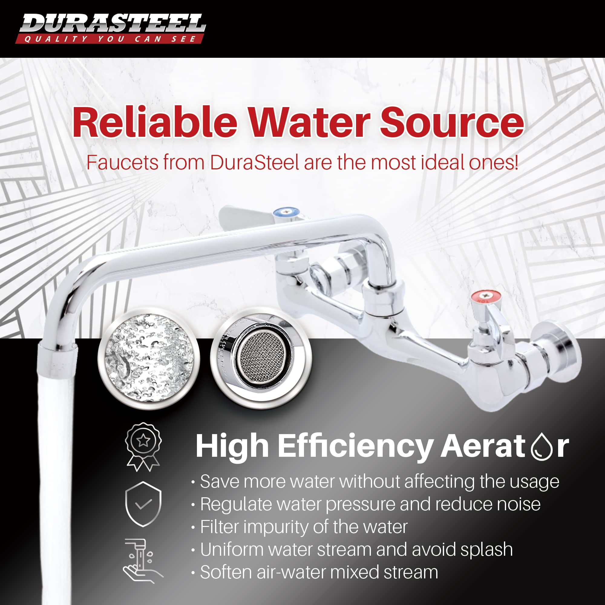 Kitchen Sink Faucet Wall Mount - Durasteel 8'' Center Commercial Kitchen Sink Faucet With 12'' Swivel Spout - Dual Lever Handles