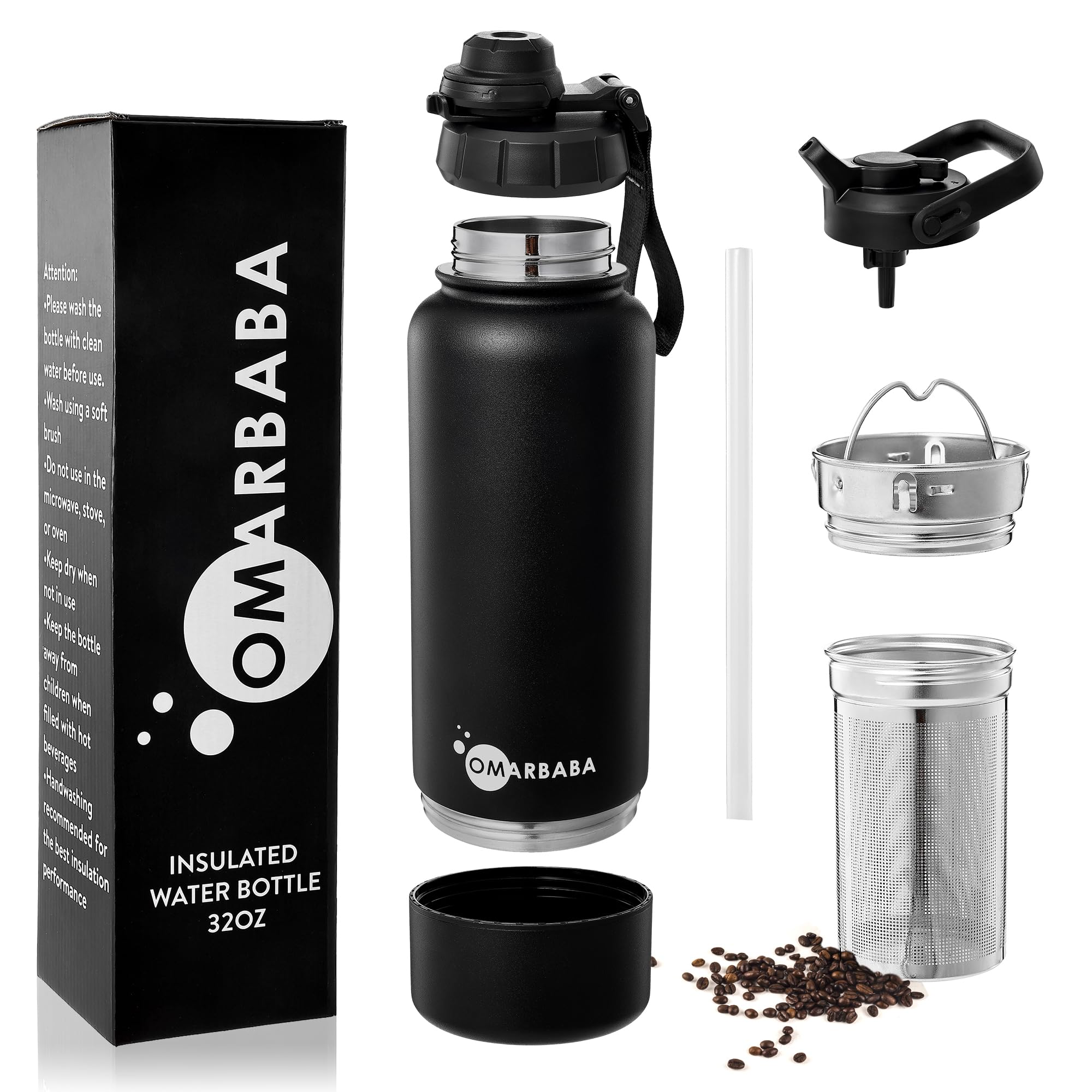 Omarbaba 32Oz Vacuum Insulated Water Bottle With 8Oz Hidden Compartment, Infuser, Dual Lids With Locker, Stainless Steel Infusio