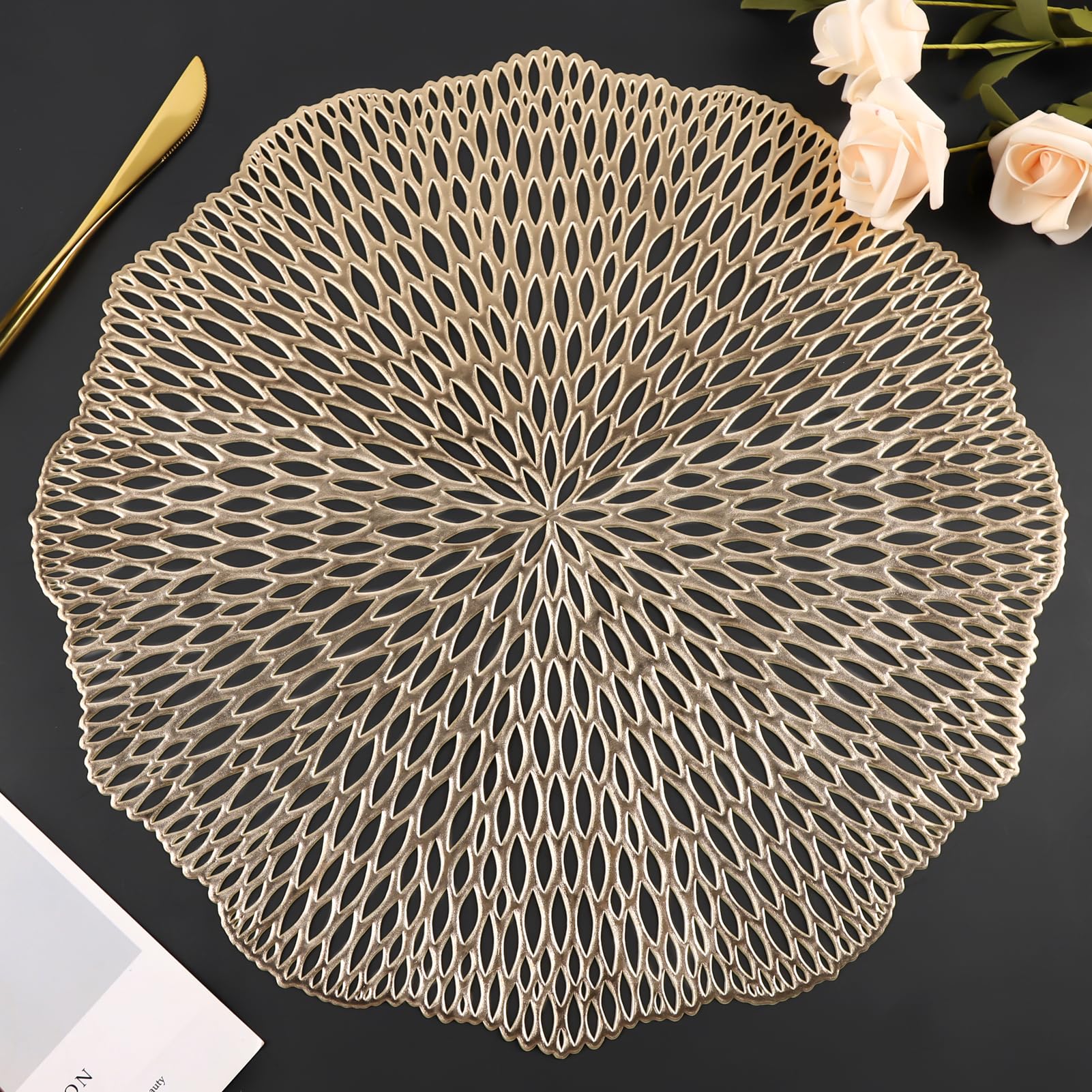 Mabbcoo Placemats Set Of 6, Round Placemats Gold 15 Inch Washable Vinyl Place Mats Dining Table Mats For Anniversary Wedding Par