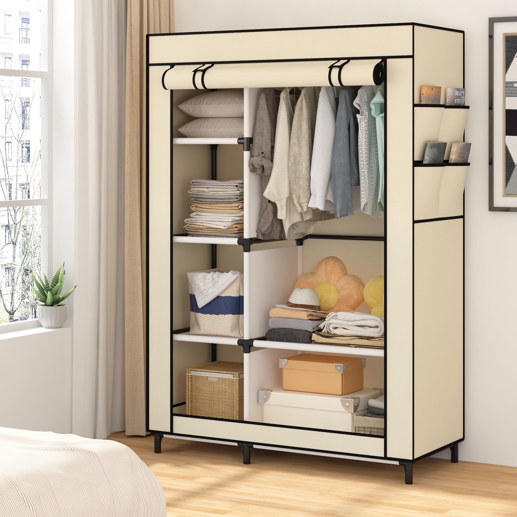 Calmootey Portable Closet Organizers, Clothing Storage, Wardrobe With 6 Shelves And Hanging Rod, Non-Woven Fabric Cover With 4 S