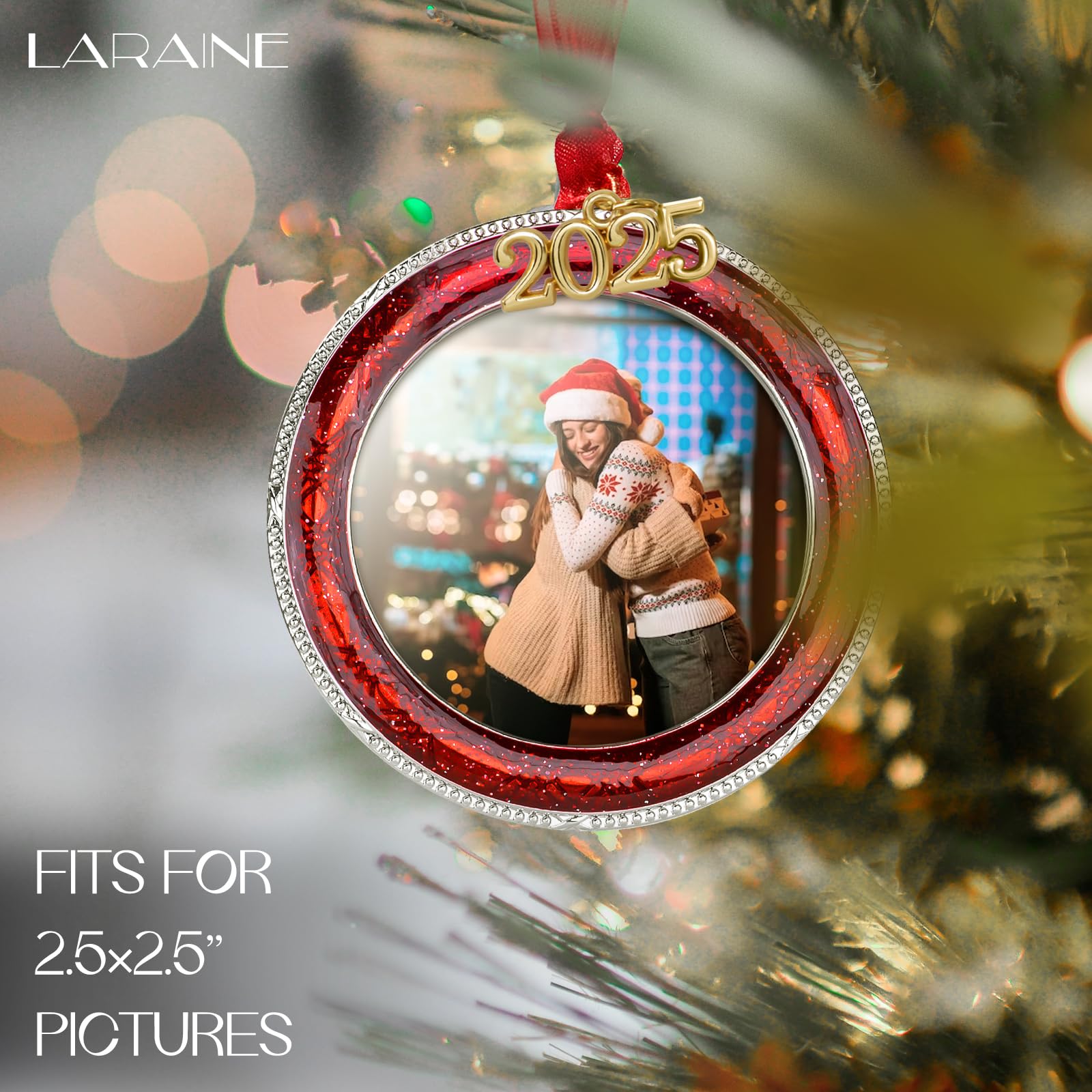 Laraine Christmas Tree Ornaments - Decorative Hanging 2025 Holiday Keepsake Gift Round Pendant with 2.5    Photo Frame Insert fo