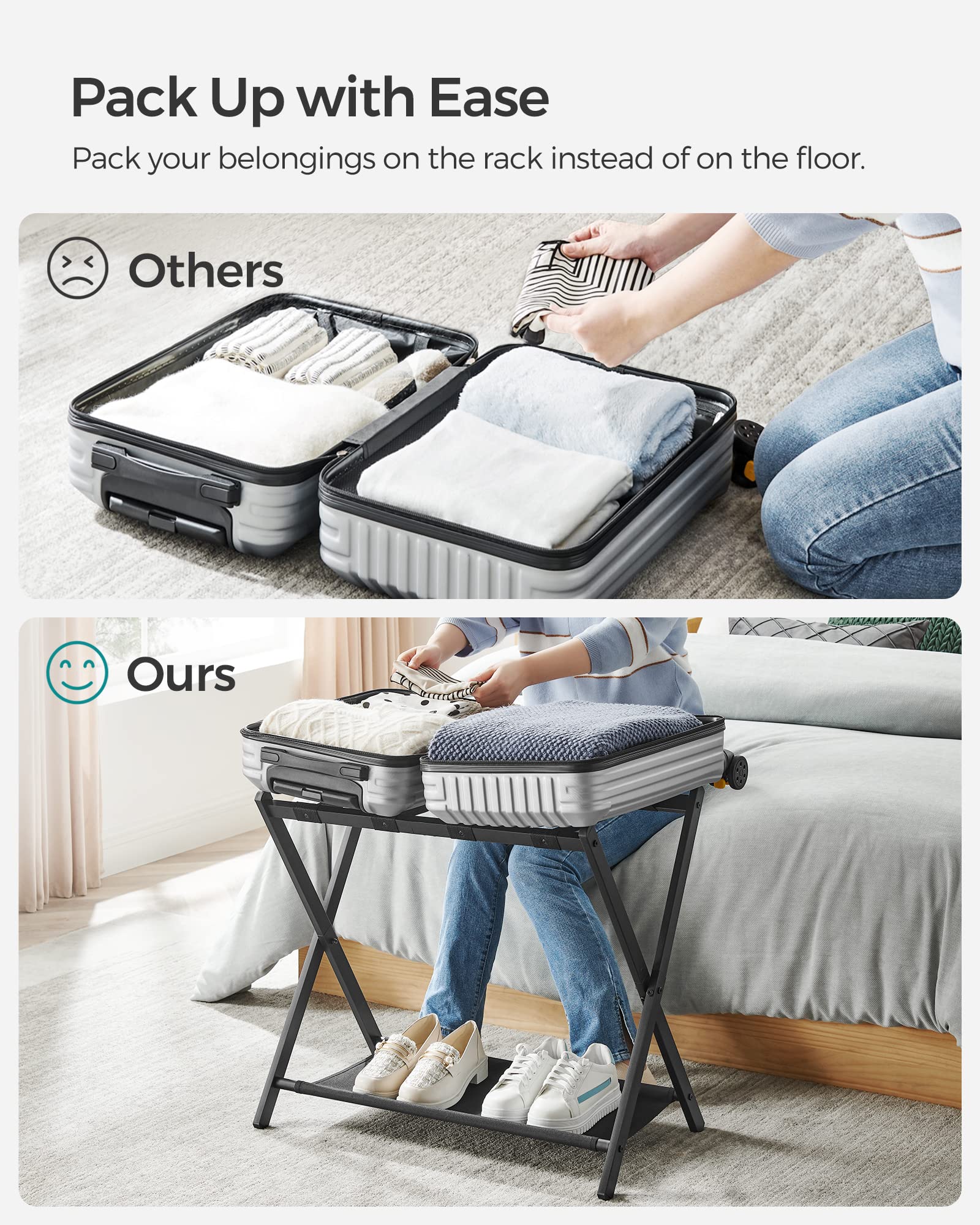 Songmics Luggage Rack For Guest Room, Suitcase Stand With Storage Shelf, Steel Frame, Foldable For Easy Storage, Hotel, Bedroom,