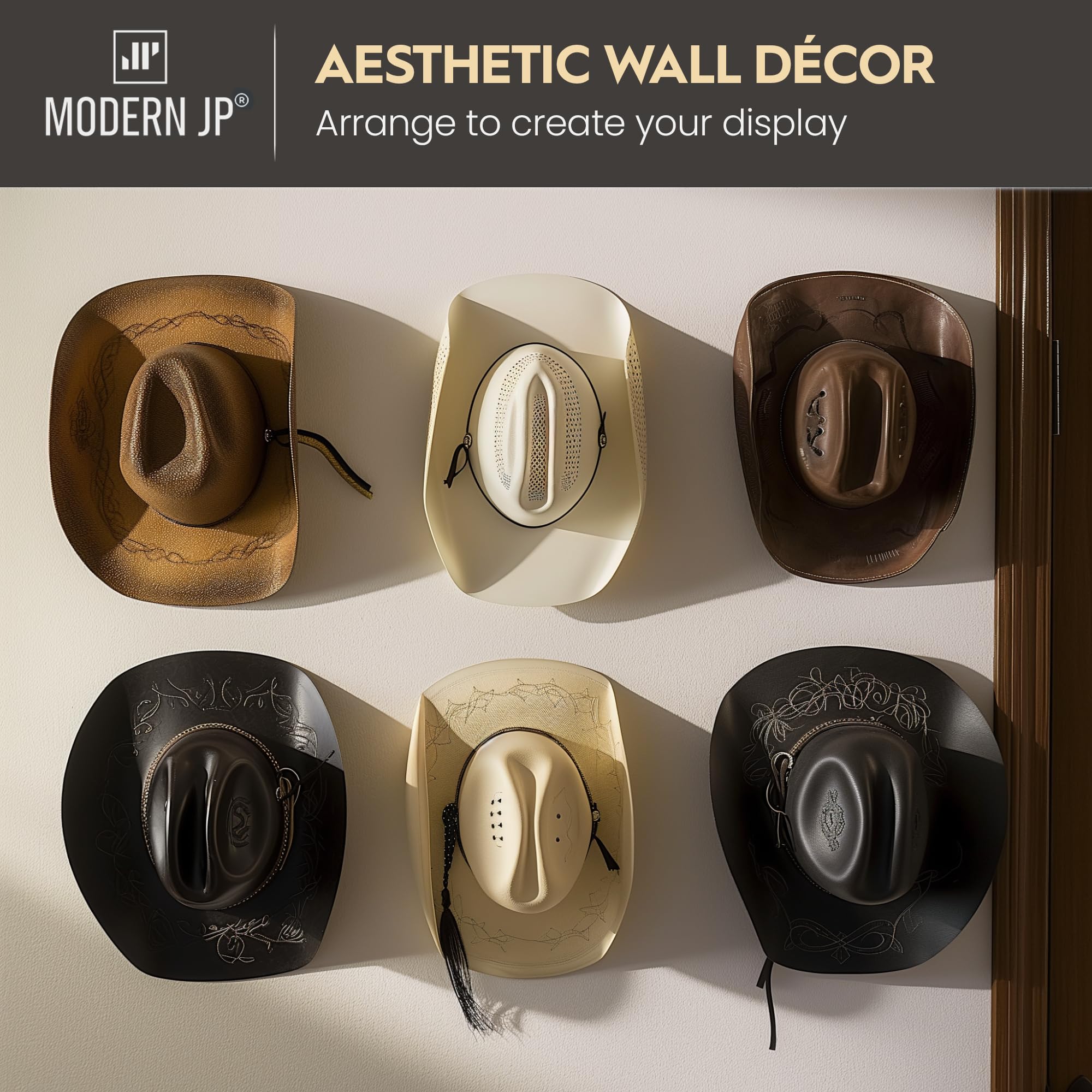 Modern Jp Adhesive Hat Hooks For Wall (6-Pack) - Cowboy Hat Rack, Wide Brim Hat Organizer, Strong Hold Hat Hangers For Wall - Cl