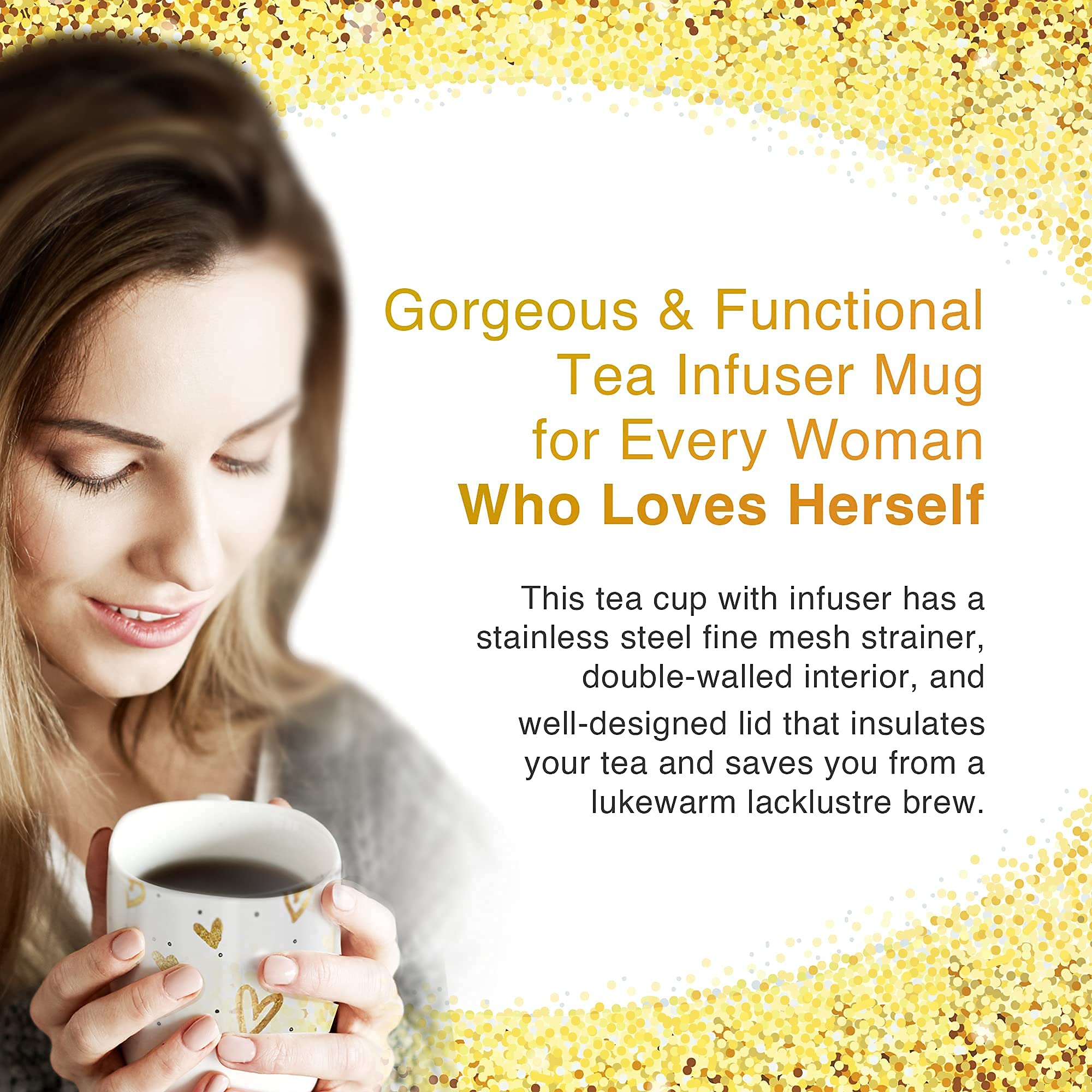 Hey Girl Tea Cup with Infuser and Lid - Double-Walled Insulation & Ceramic Outer Tea Infuser Mug - Fine-Mesh Strainer Basket - G