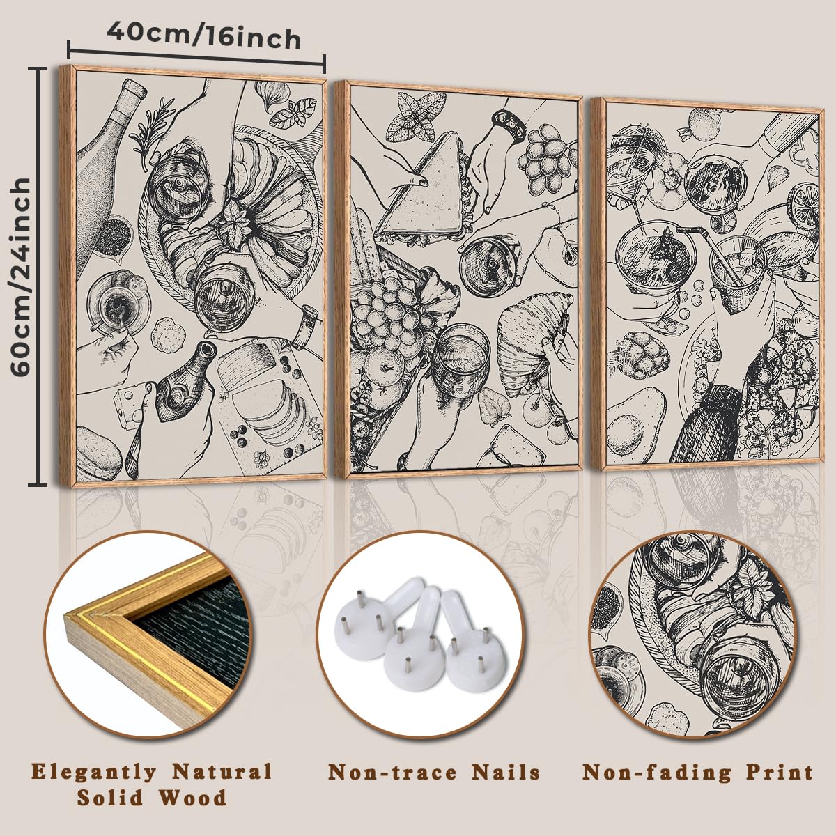 Bincue Framed Food Wood Wall Art Set Of Three Modern Cheers Kitchen Wall Decor Abstract Friends Party Art Print For Kitchen Dini