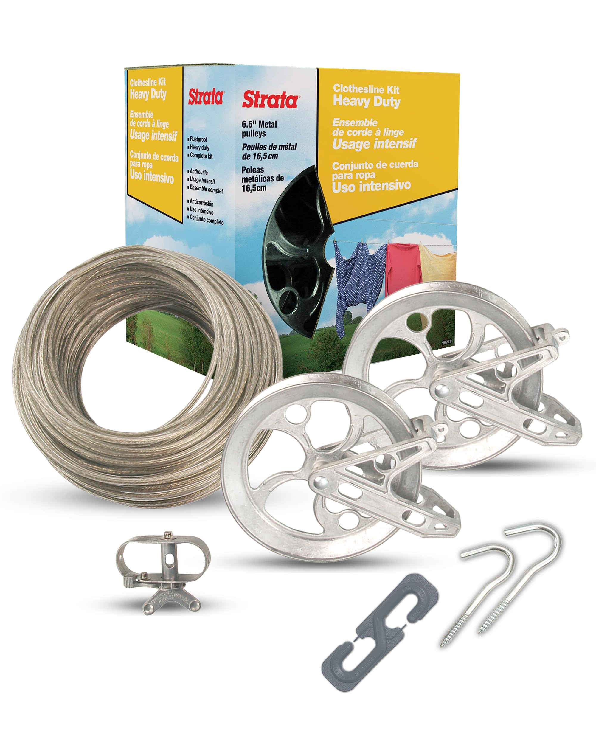 Strata Clothesline Outdoor Heavy Duty Kit - 150 Feet Galvanized Wire Gold Pvc Coating, 6.5'' Clothesline Pulley 2Pcs, Metal Mini