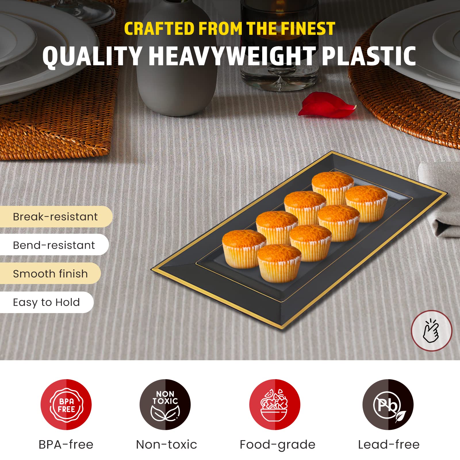 Yumchikel- 12 Pack Black Plastic Serving Tray Plastic For Party, 14'' X 7.5'' Platters For Serving Food (Black Gold Rim) Hallowe