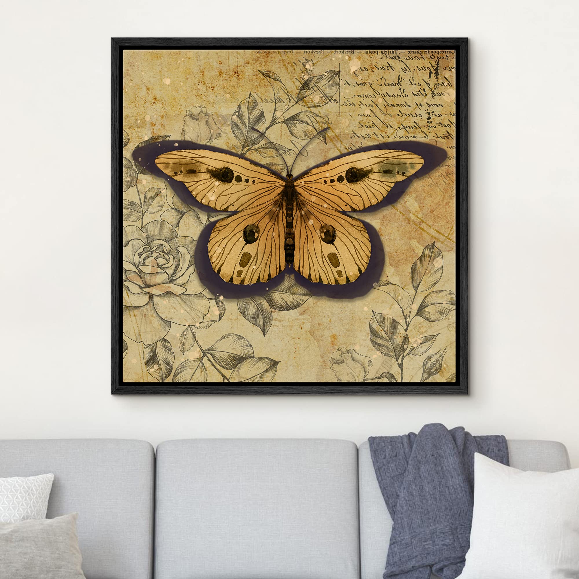 Wall26 Framed Canvas Print Wall Art Yellow Monarch Butterfly Floral Pattern Nature Wilderness Rustic Modern Art Farmhouse Decora