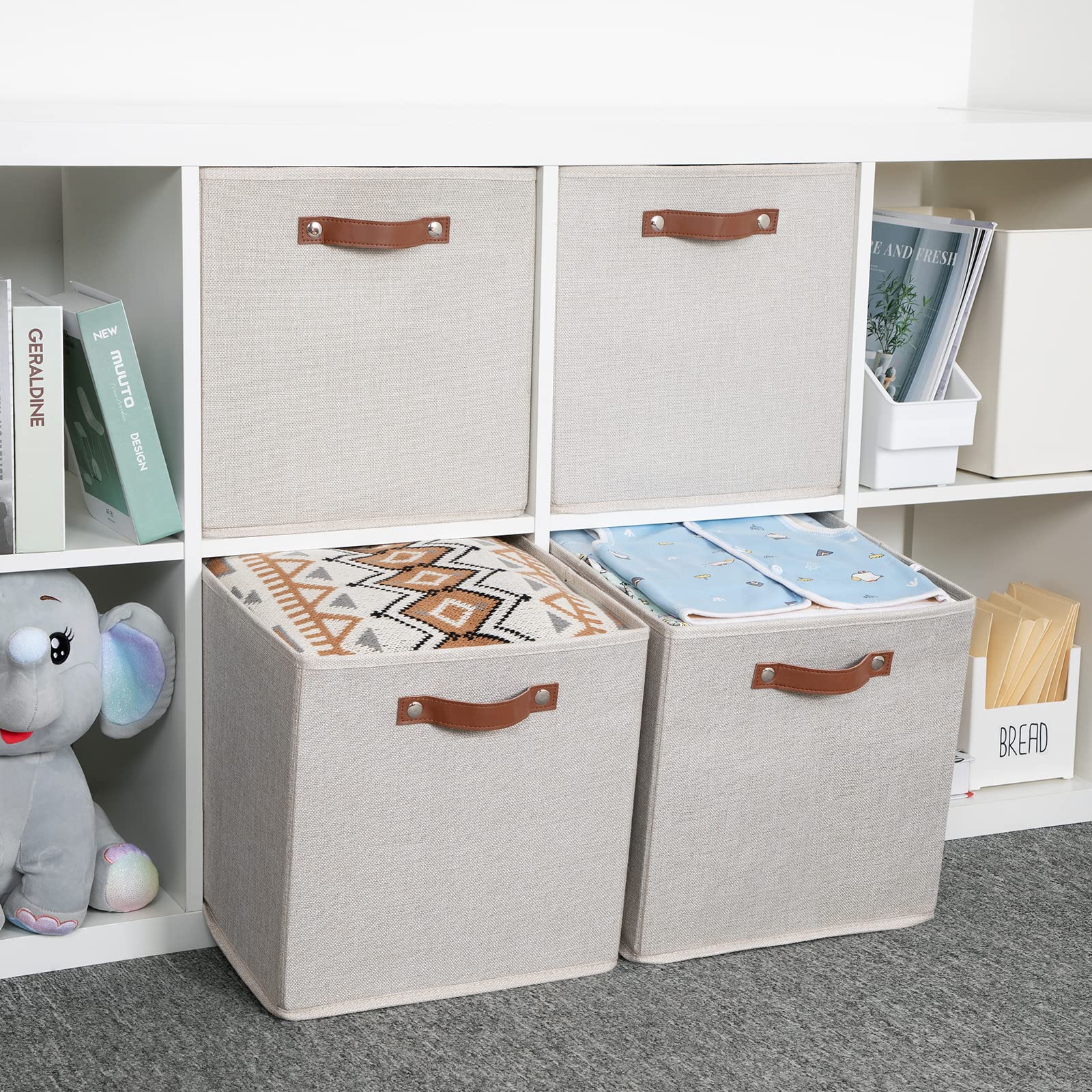 HNZIGE Large Storage Baskets Set of 4 Bins Collapsible Storage Baskets 13x13 Storage Cube Bins with Handles Foldable Storage Cube Bins for Shelves  Closet Storage Organizer Home Nursery Office(cream)