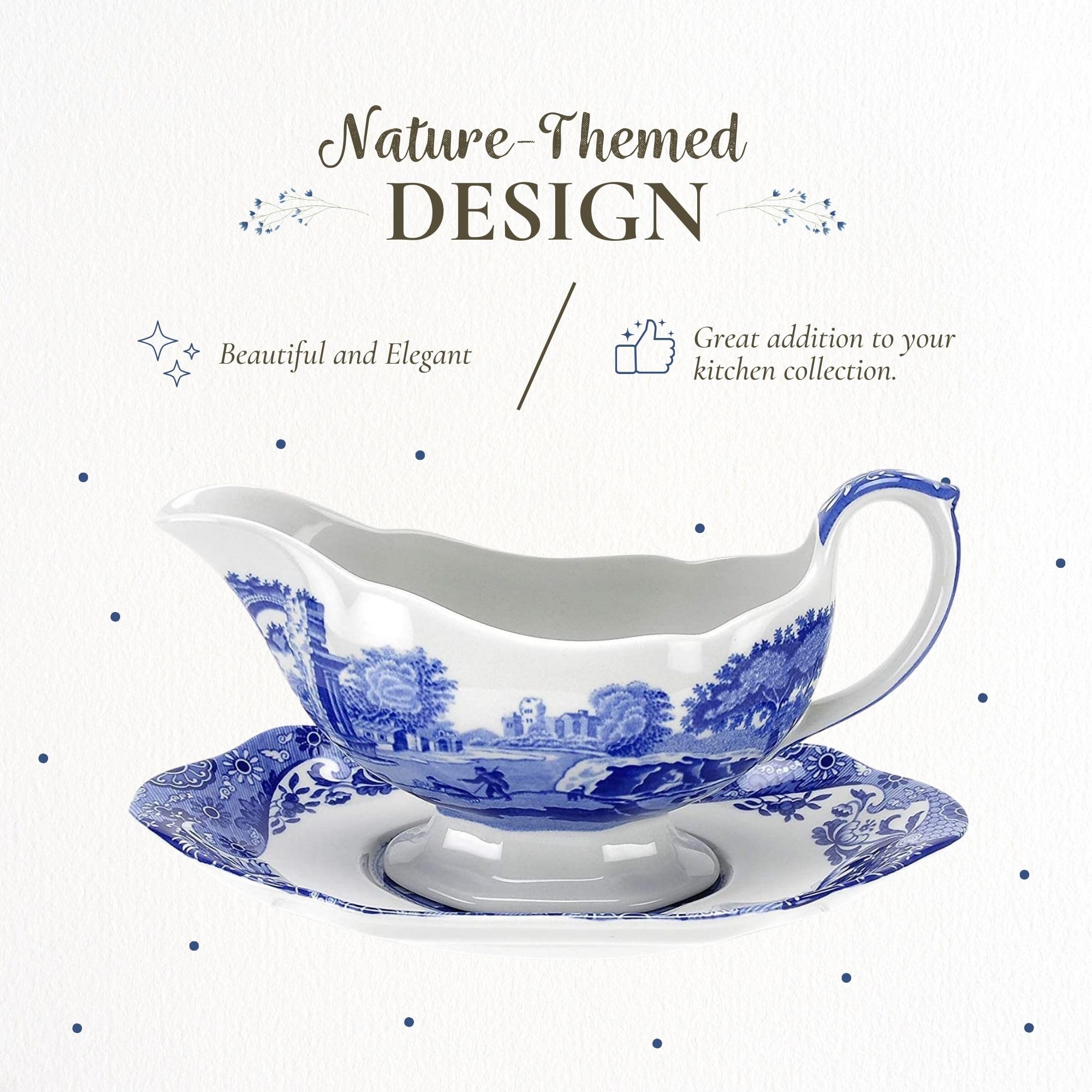 Spode Blue Italian Gravy Boat and Saucer  Spout for Gravy  Sauces  and Salad Dressings  Earthenware  9-Ounce Capacity  Large Handle  Dishwasher Safe