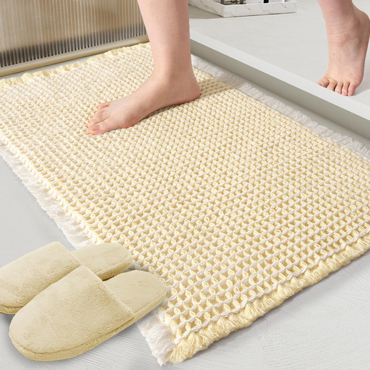 Zall Beige Waffle Bath Mat,Super Absorbent Non Slip Bathroom Rug,Cream 24X36Inch,Machine Washable Ultra Soft Floor Mats