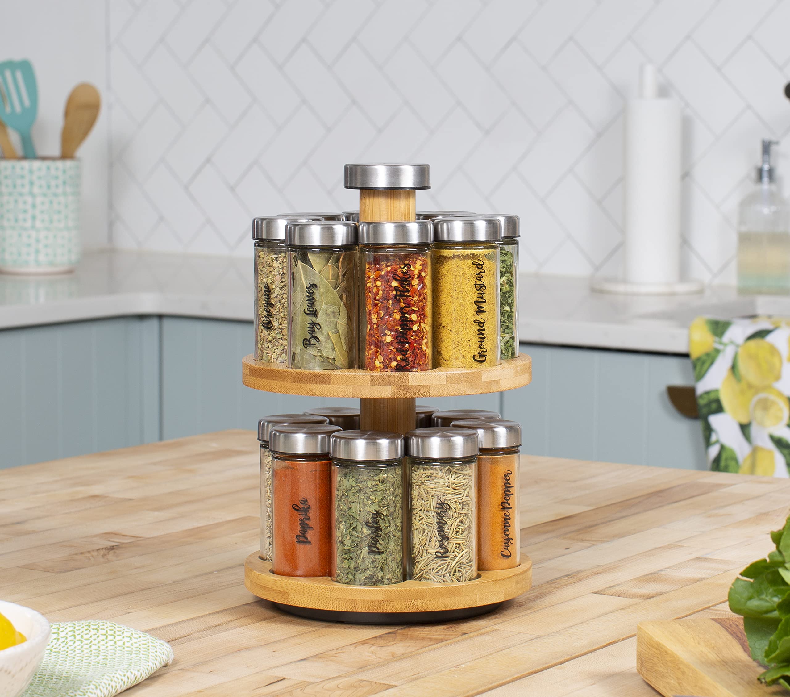 Orii 16 Jar Spice Rack with Spices Included - Rotating Countertop 2 Tier Tower Organizer for Kitchen Spices and Seasonings, Free