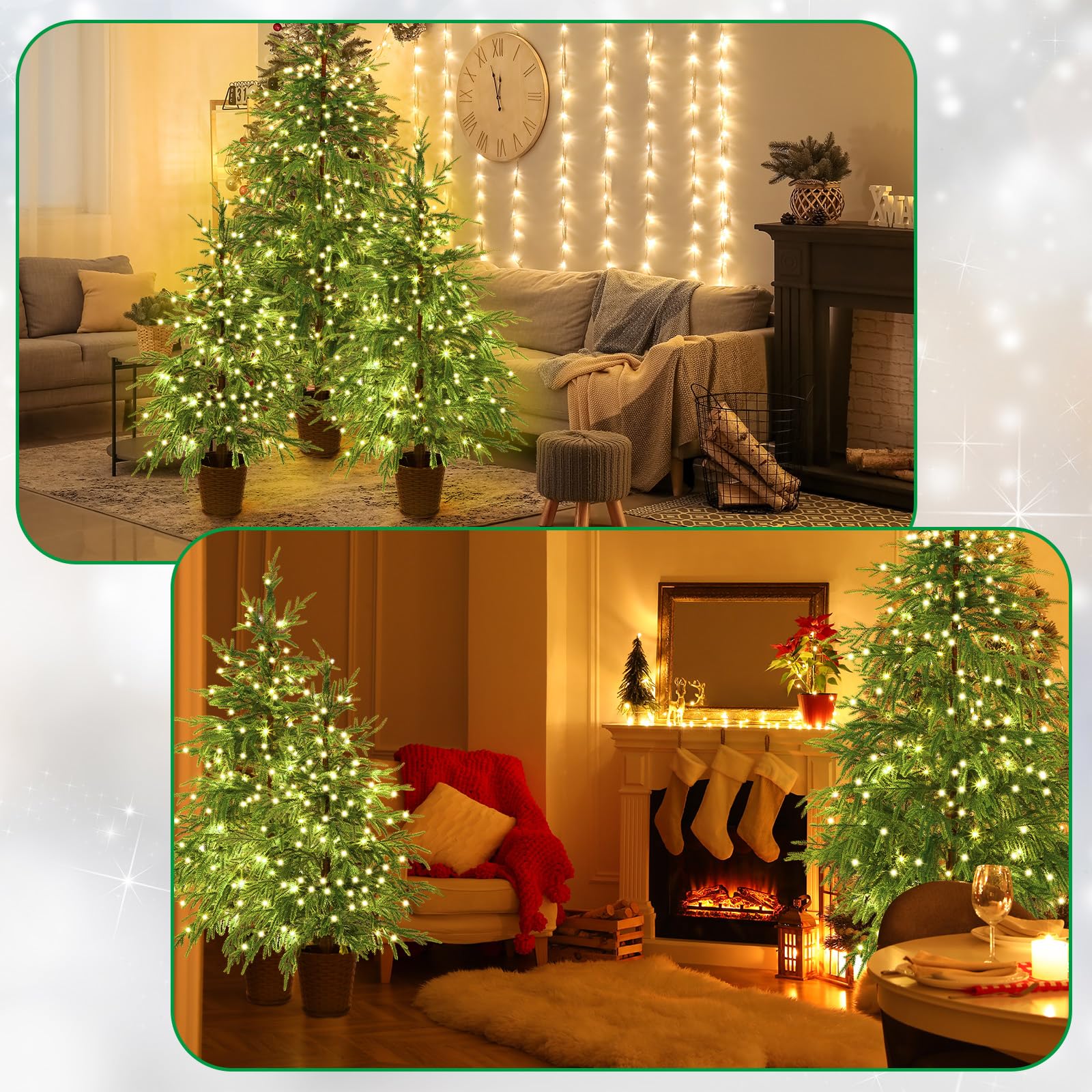 Cinnvoice Norfolk Pine Tree Set of 3 Pre-lit Artificial Christmas Trees 2ft 3ft 4ft Green with Woven Basket Base