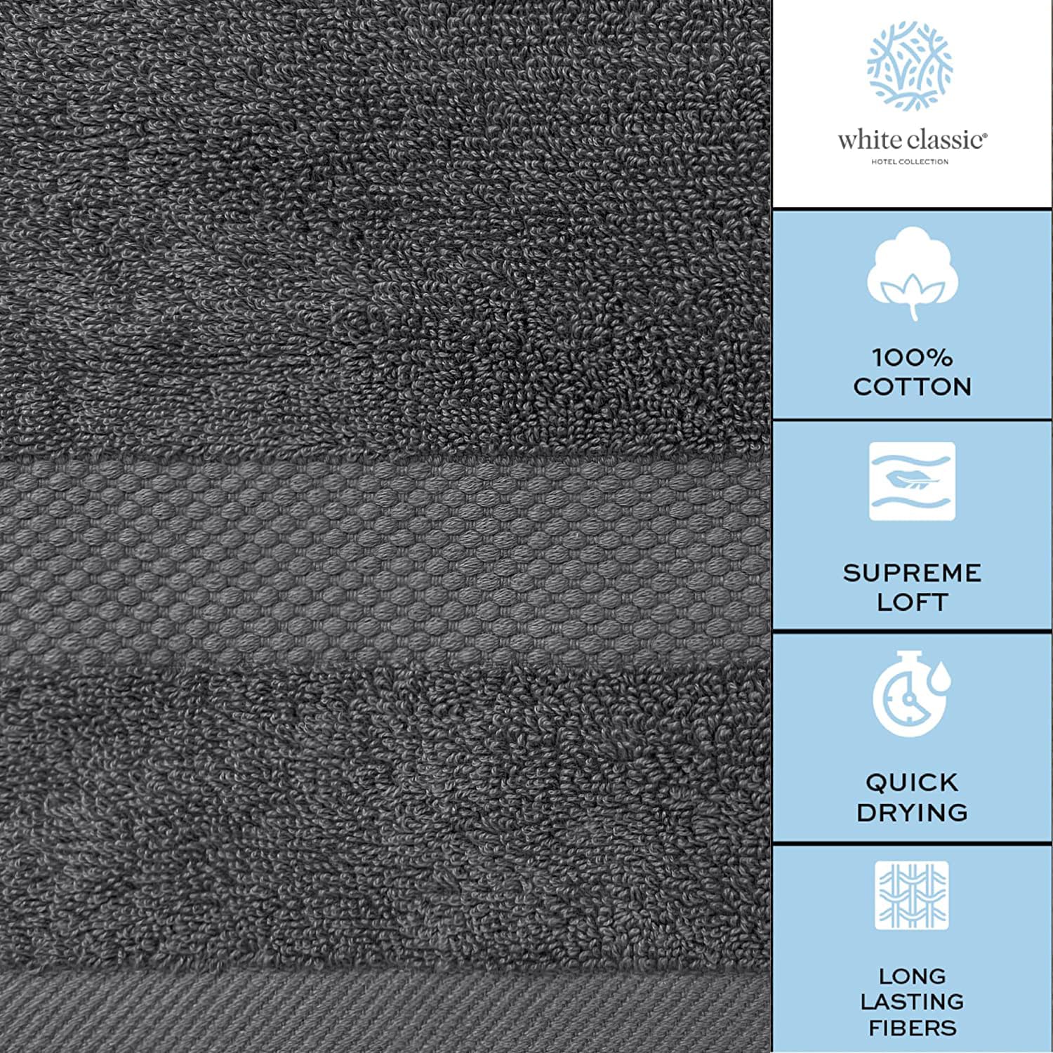 White Classic Luxury Bath Towels Extra Large - Cotton Hotel spa Bathroom Towel 30x56  4 Pack  Dark Gray