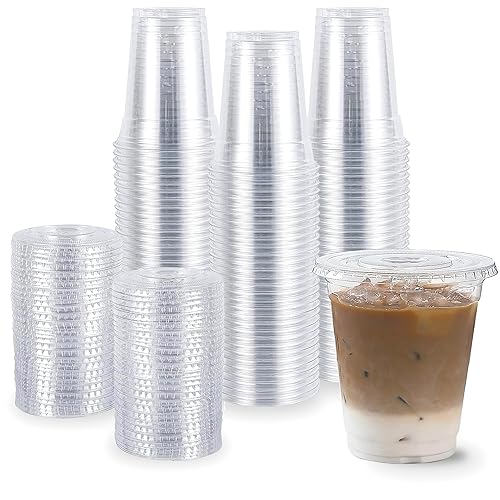 TashiBox plastic cups with lids [12 oz 100cups&100flat lids] Clear Crystal disposable plastic cups smoothie cups