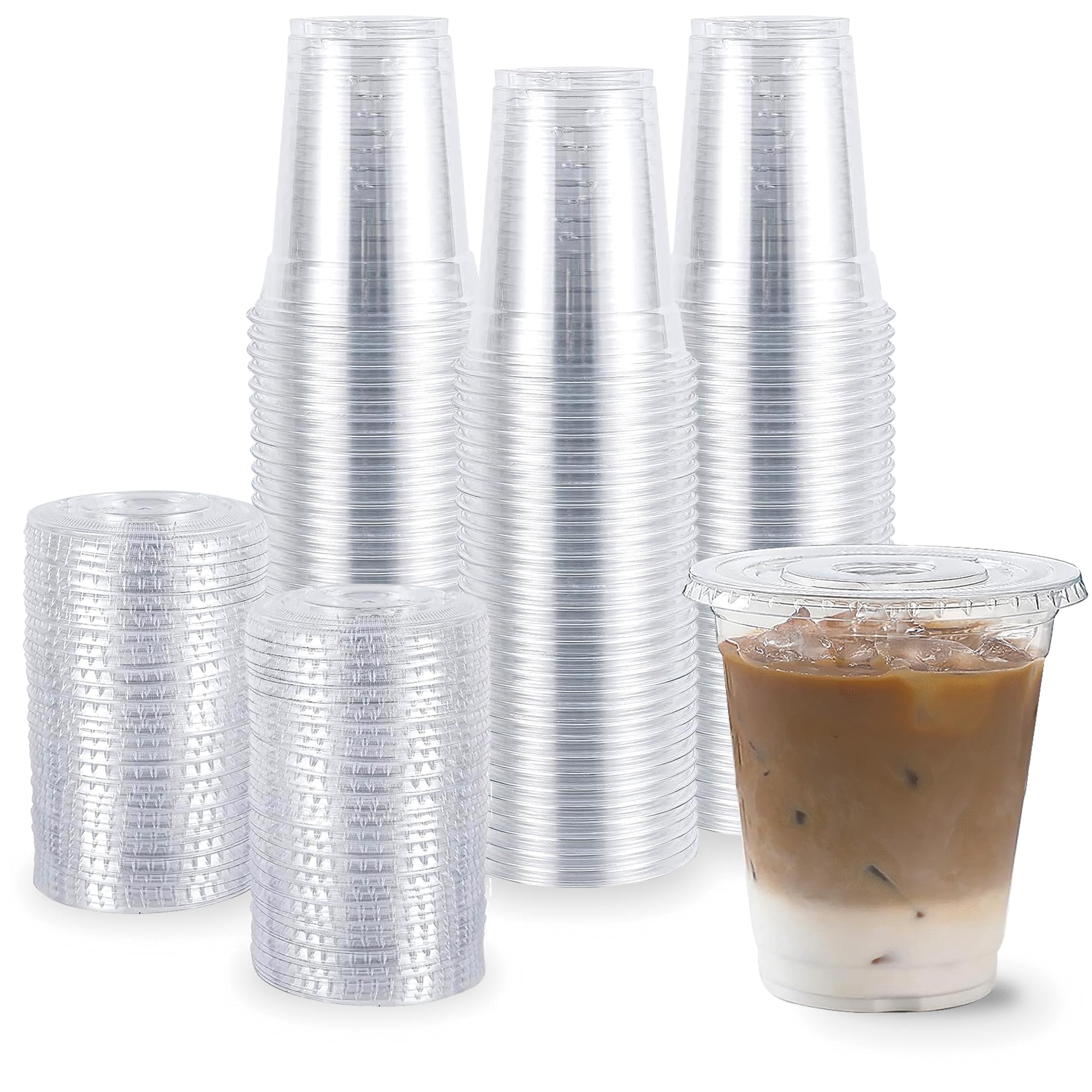 TashiBox plastic cups with lids [12 oz 100cups&100flat lids] Clear Crystal disposable plastic cups smoothie cups