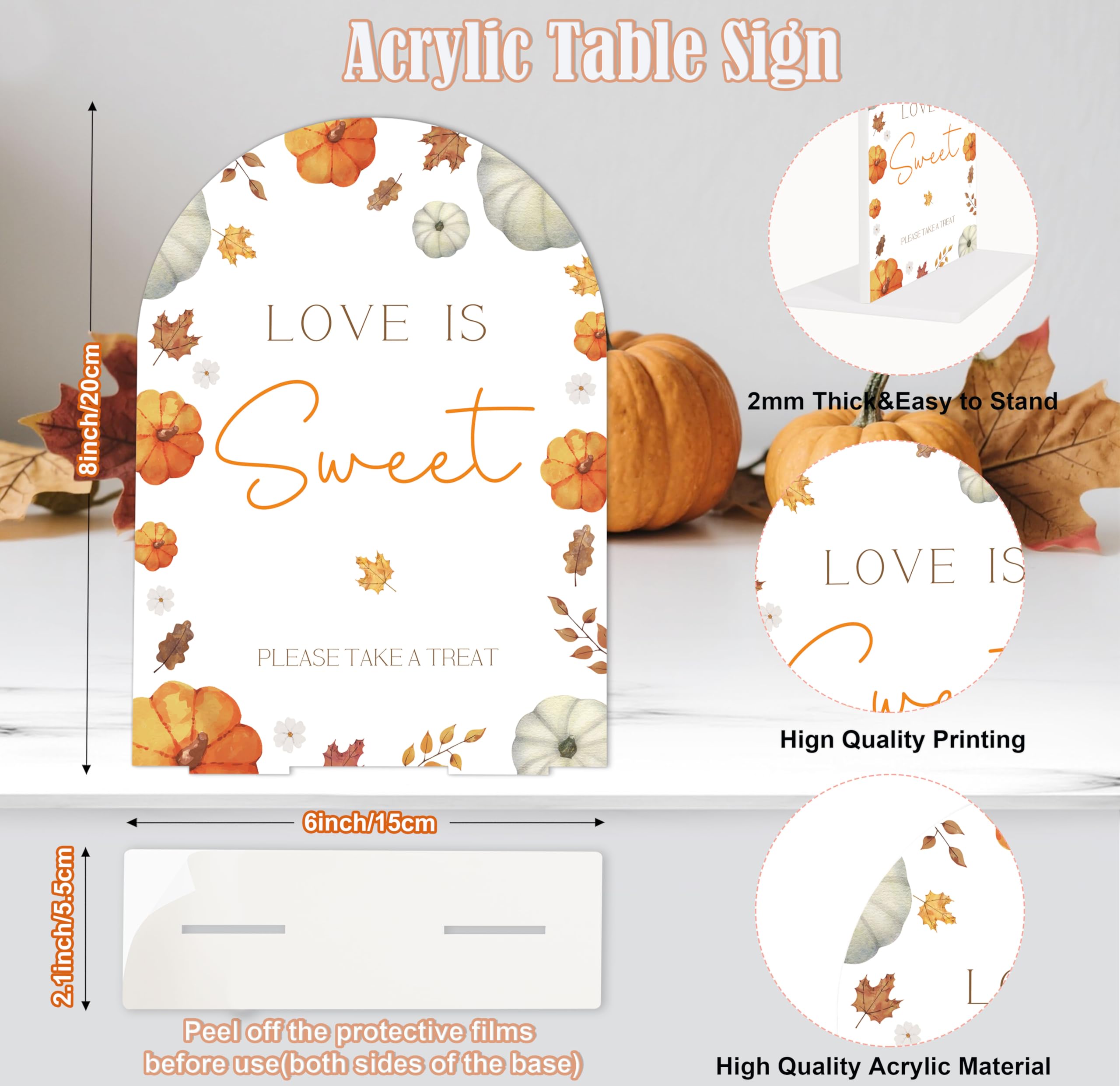Love Is Sweet Acrylic Wedding Signs for Ceremony and Reception, Fall Pumpkin Maple Leaves Dessert Table Sign 6x8, Fall In Love B