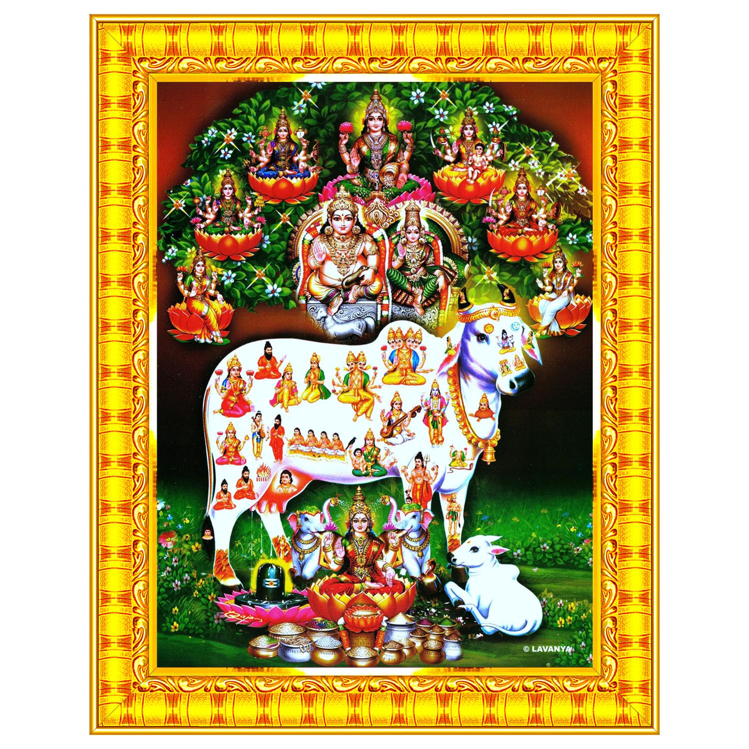 Pavan Photo Laminations Gomatha Gomata Komatha Cow And Calf Kamdhenu Wall Painting Framed Home Decor (Wood,Matte,Gold,Small Size